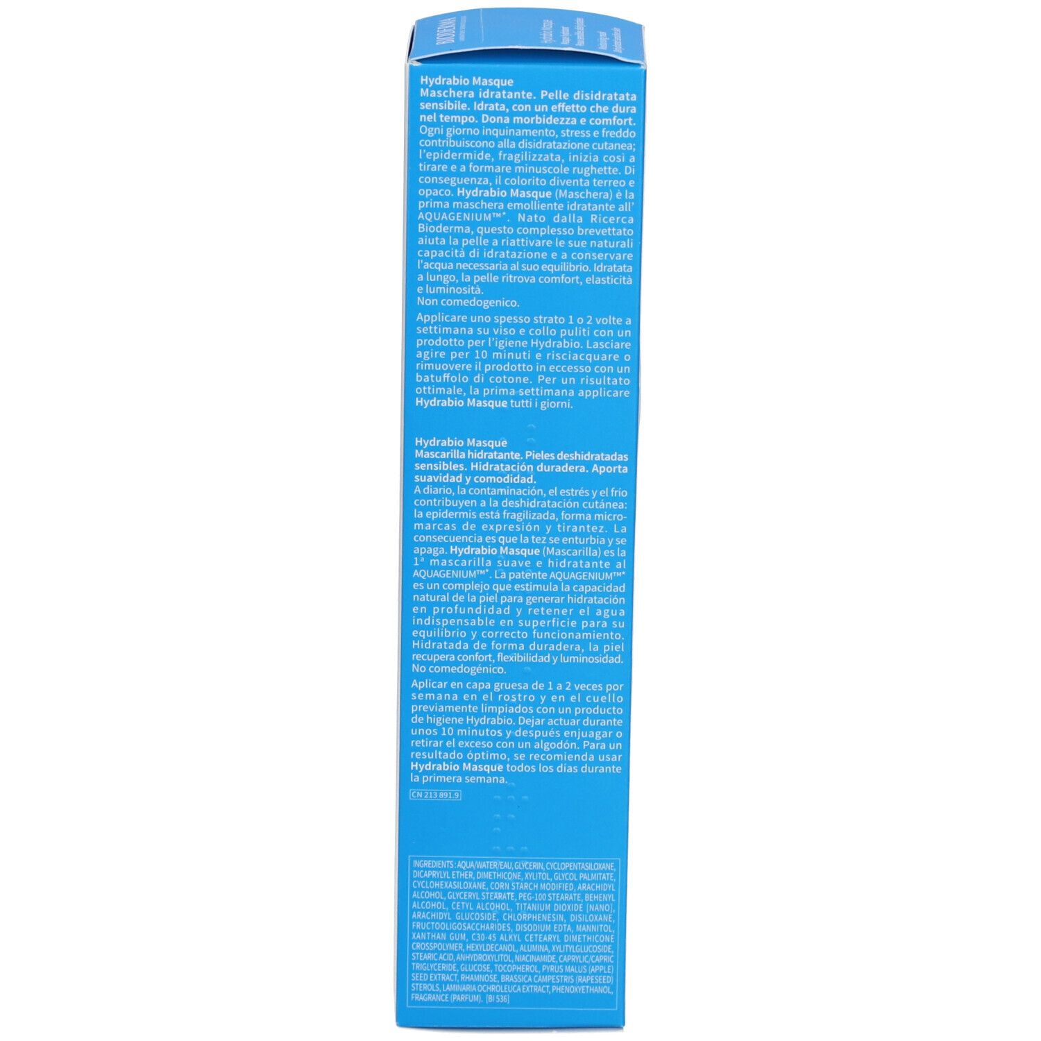 Rückseite der Produktverpackung. Text in mehreren Sprachen. Enthält Informationen zur Anwendung.