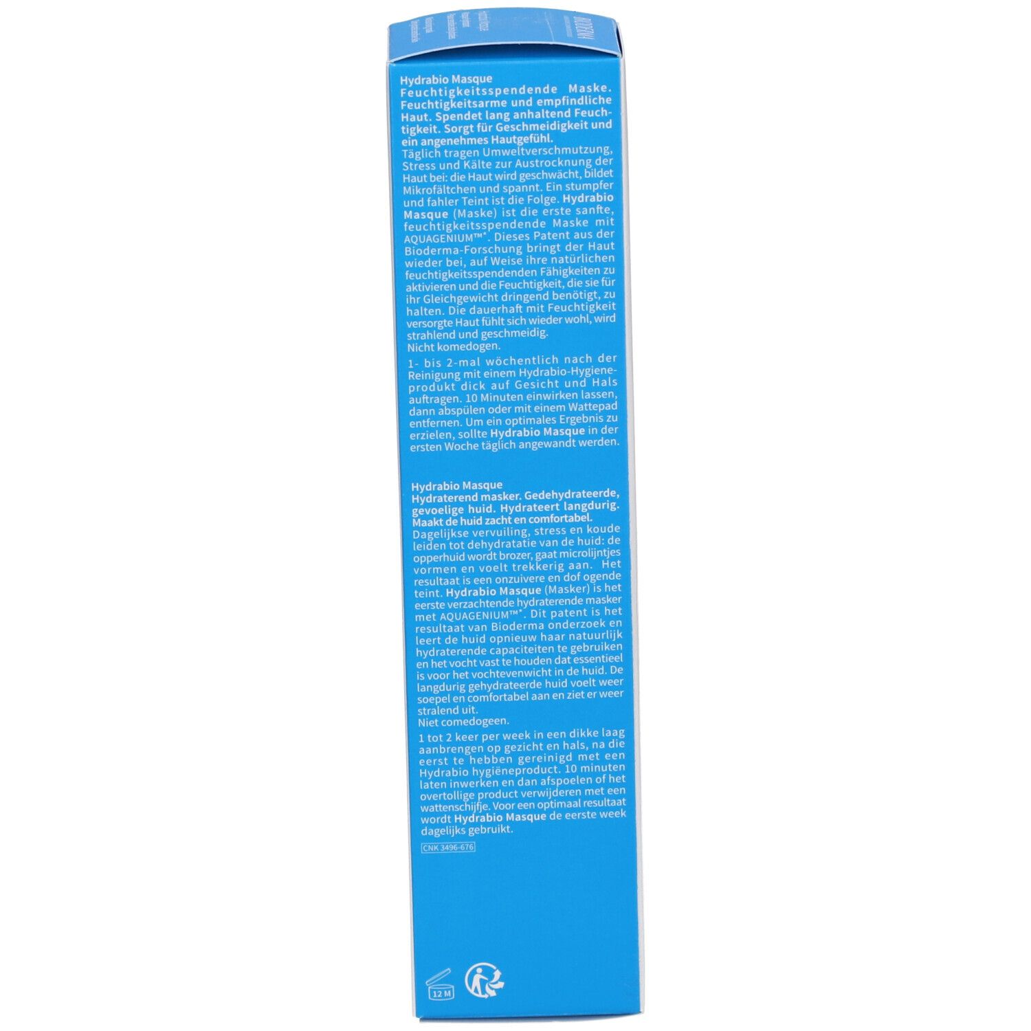 Seite der Produktverpackung. Text in mehreren Sprachen. Enthält Informationen zur Anwendung.
