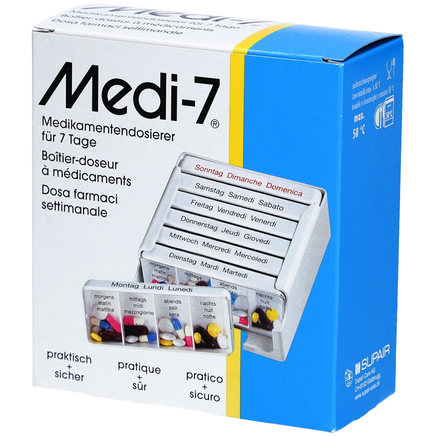 Medi-7 Pilulier semainier 7 jours Allemand/Français/Italien - Blanc