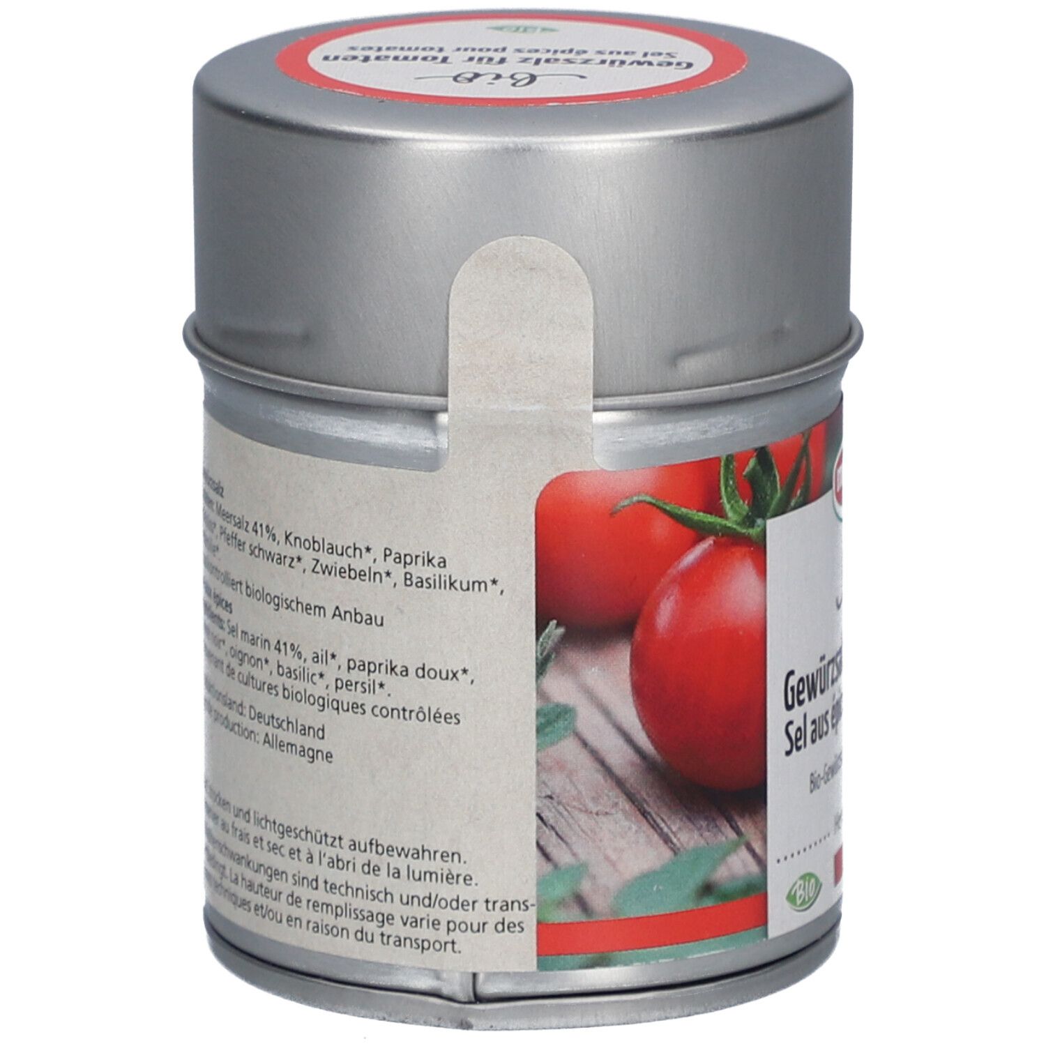 Rückseite der Metalldose mit Zutatenliste für Morga Bio Gewürzsalz für Tomaten.