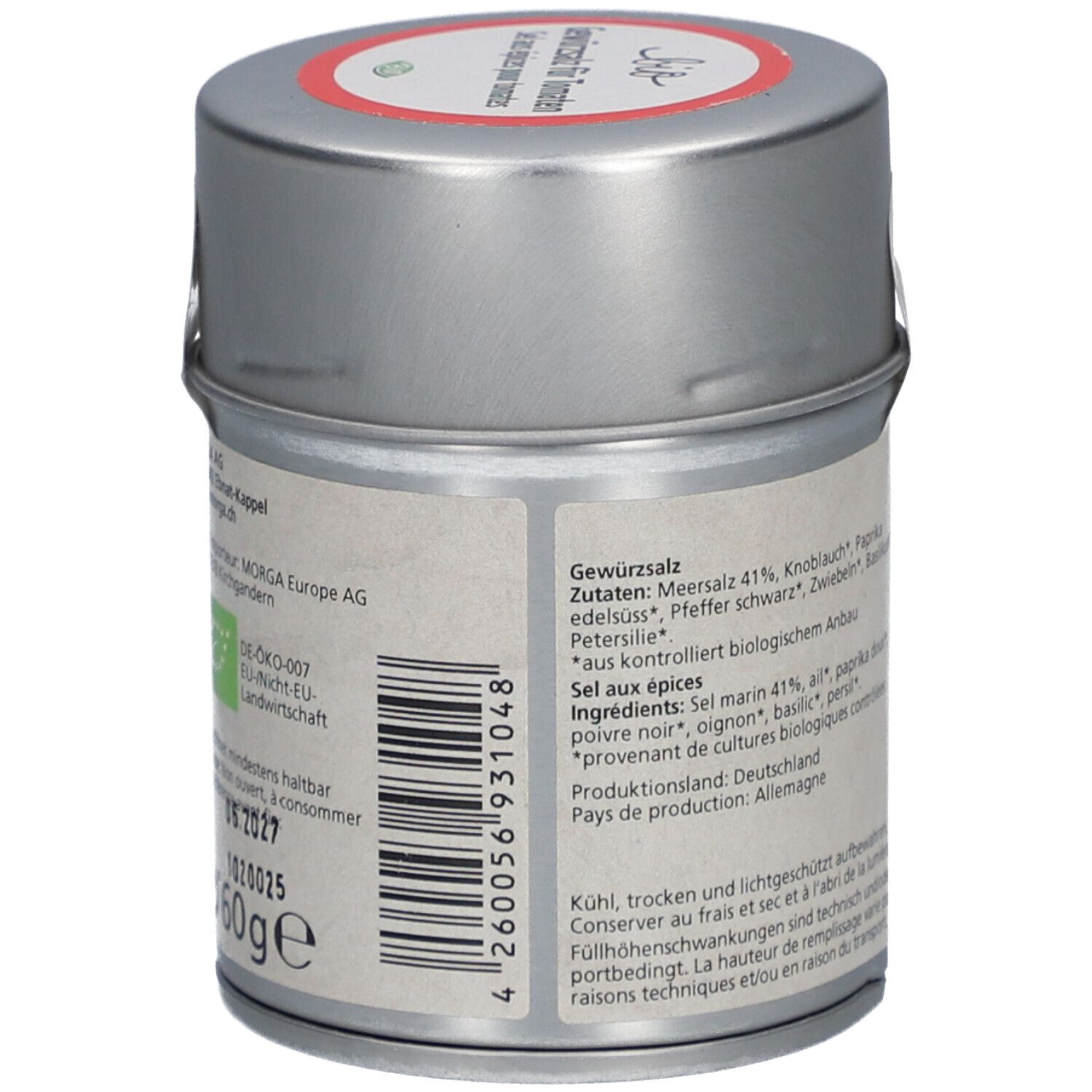 Seitenansicht der Metalldose mit Zutatenliste und Barcode für Morga Bio Gewürzsalz.