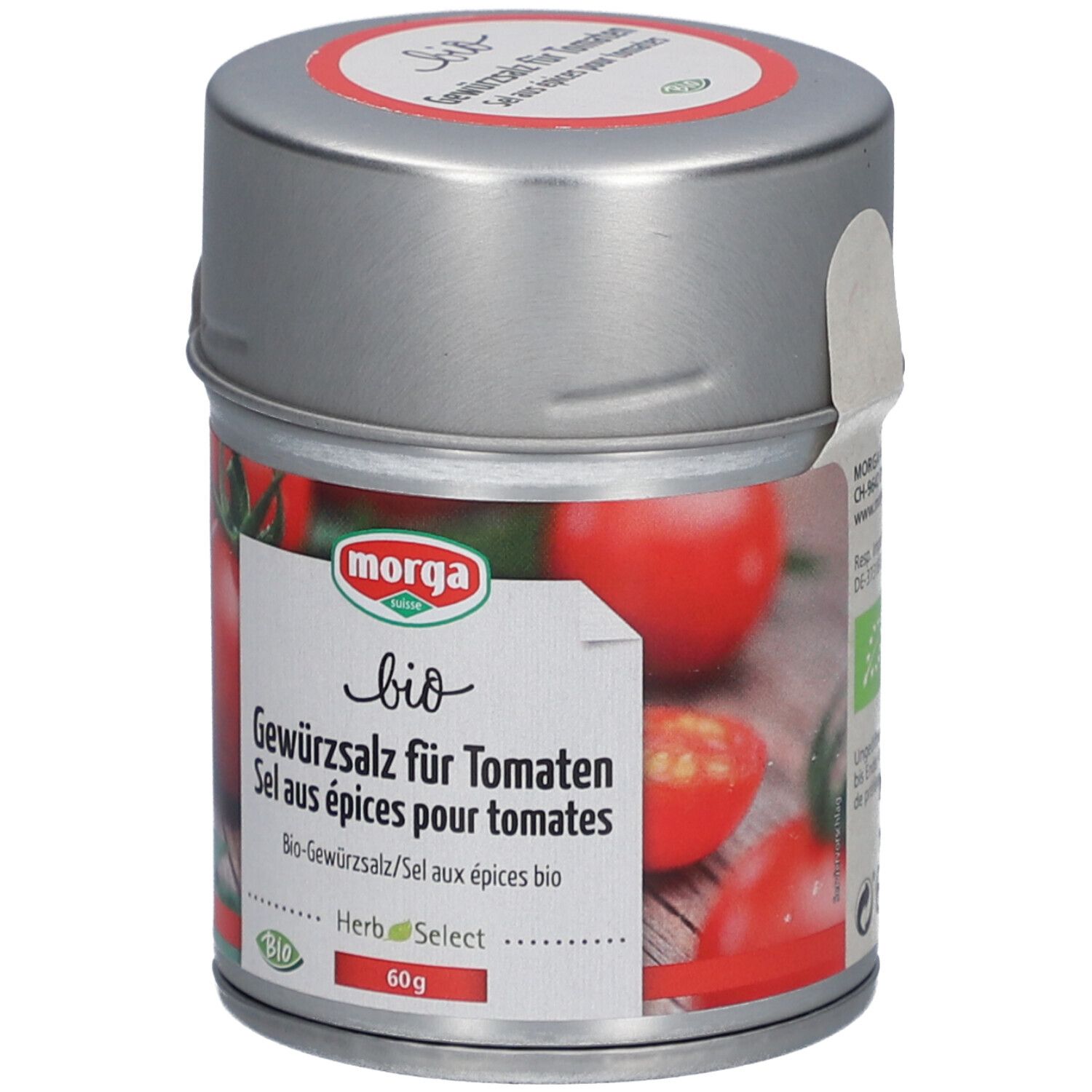 Morga Bio Gewürzsalz für Tomaten in runder Metalldose mit Tomatenabbildung.