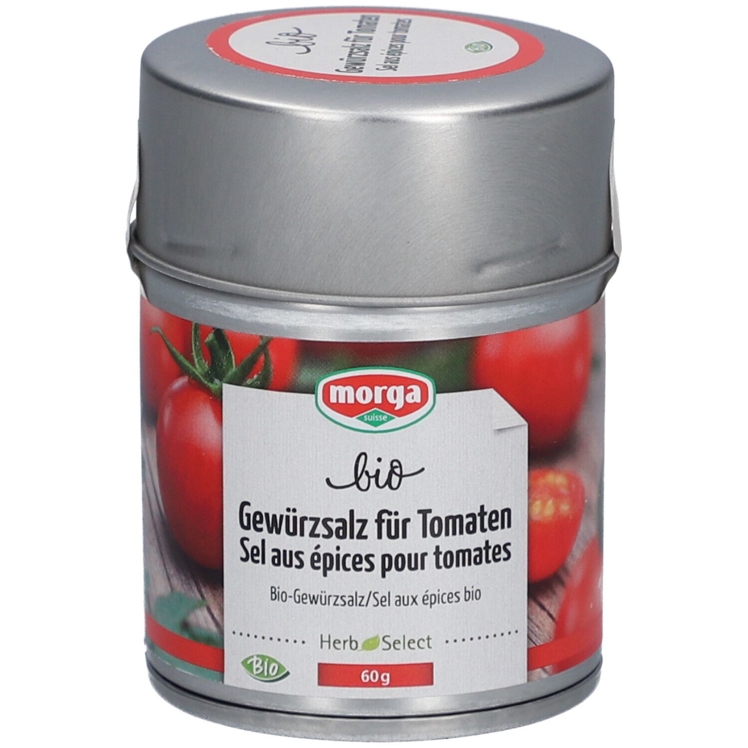 Morga Bio Gewürzsalz für Tomaten in runder Metalldose mit Tomatenabbildung.