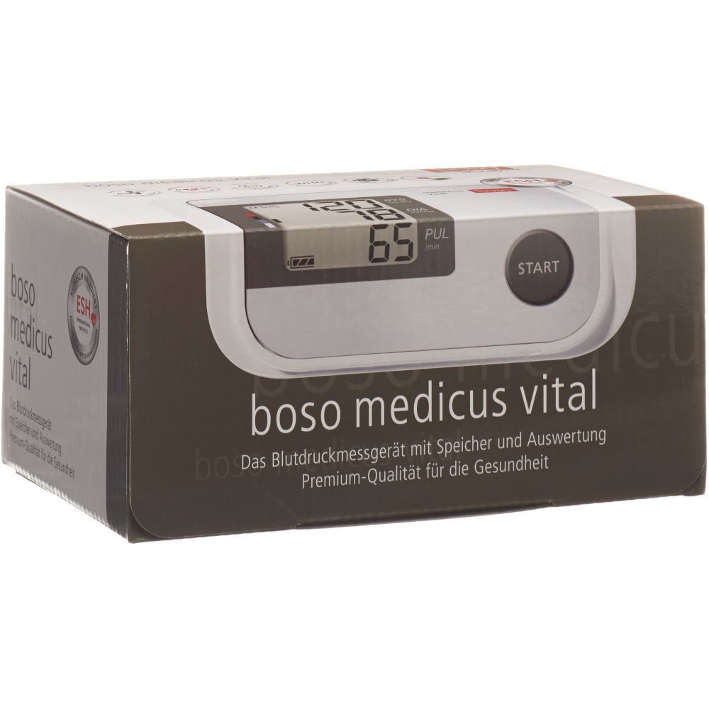 Verpackung des boso medicus vital Blutdruckmessgeräts. Mit Display, Start-Taste und ESH-Zertifizierung.
