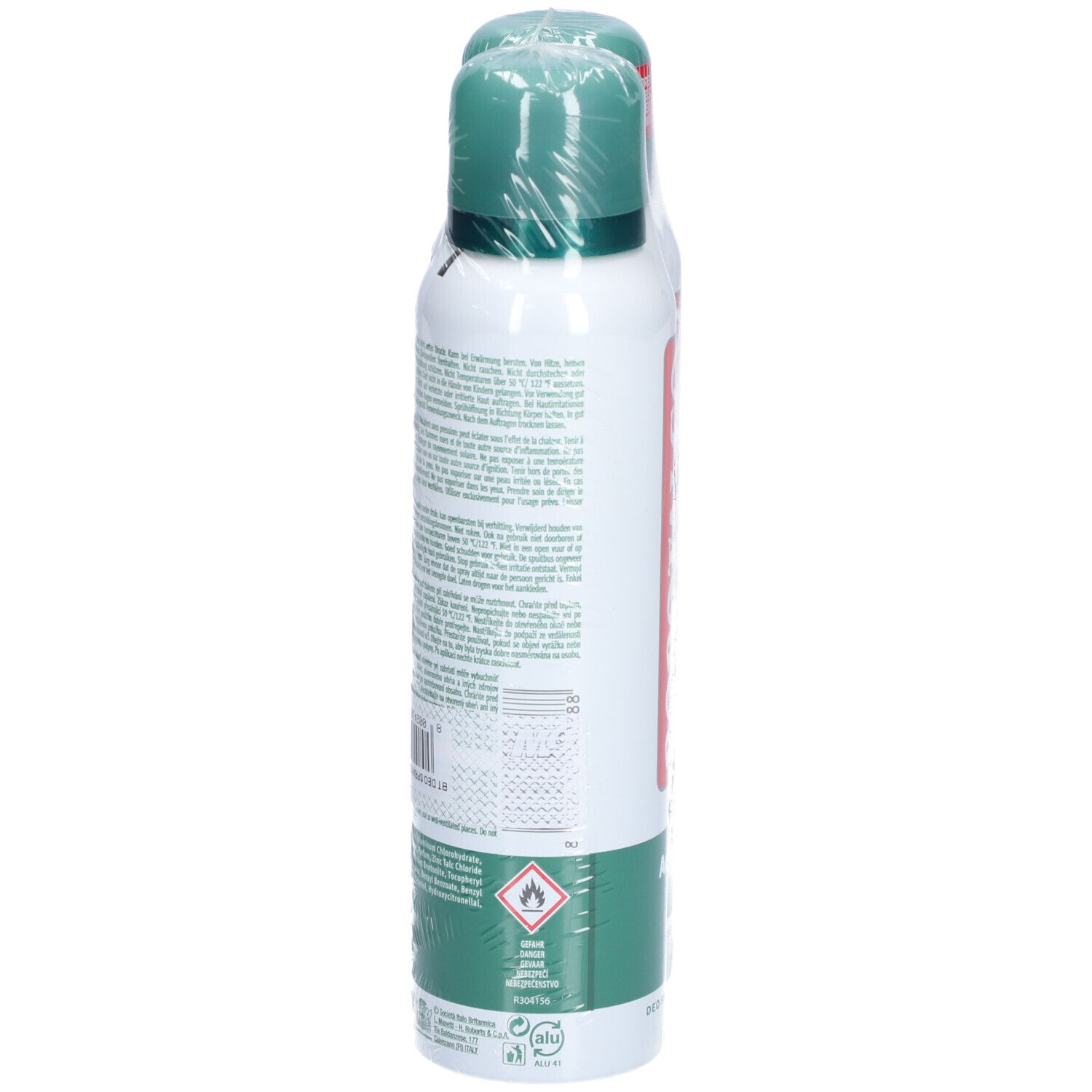 Zwei Deosprays in Folie verpackt. Rückseite mit Text. Warnhinweis. 150 ml. Grüne Kappe.