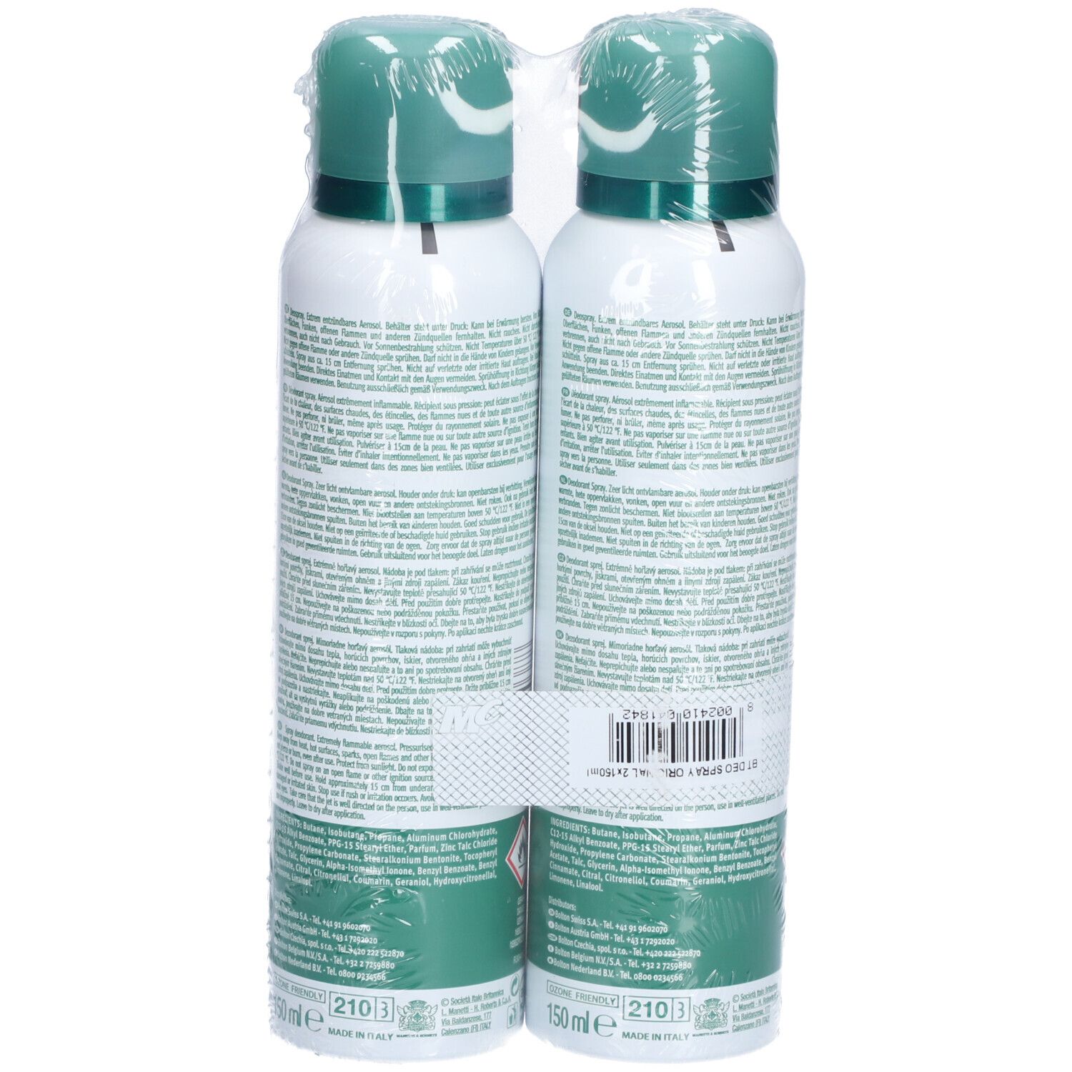 Zwei Deosprays in Folie verpackt. Rückseite mit Text. Warnhinweis. 150 ml. Grüne Kappe.
