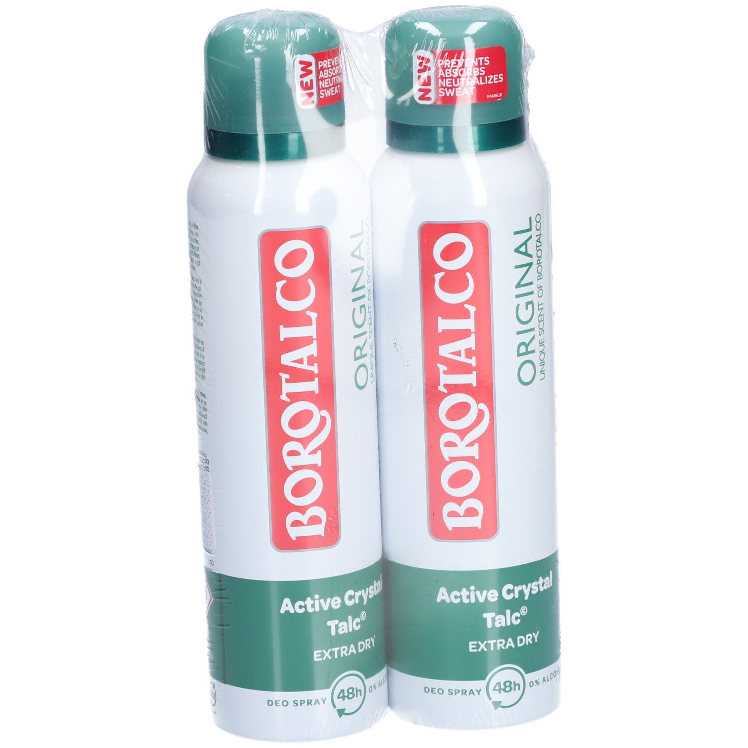 Zwei Deosprays in Folie verpackt. BOROTALCO ORIGINAL, Active Crystal Talc, Extra Dry. Mit 48h Schutz. Neu-Aufkleber.
