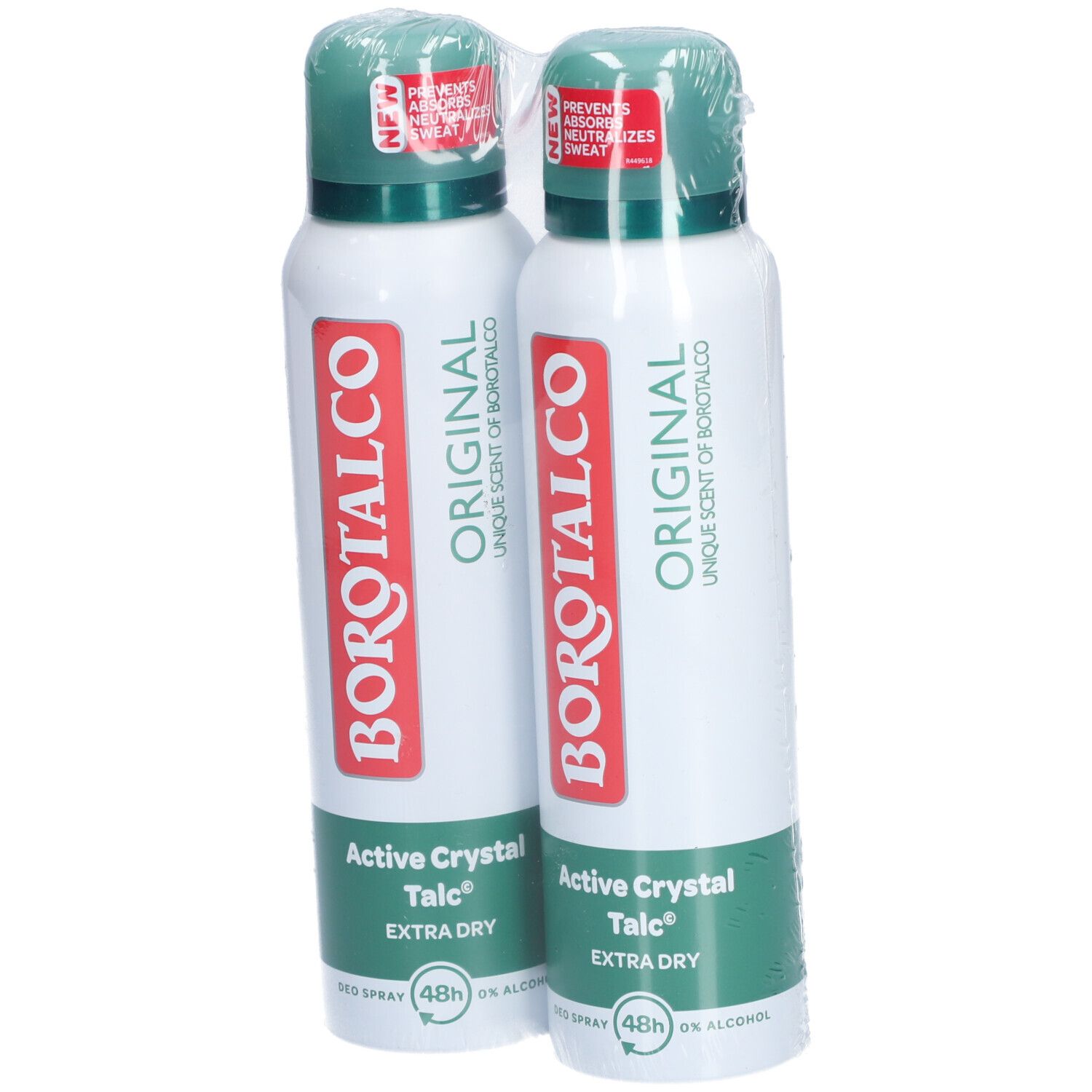 Zwei Deosprays in Folie verpackt. BOROTALCO ORIGINAL, Active Crystal Talc, Extra Dry. Mit 48h Schutz. Neu-Aufkleber.