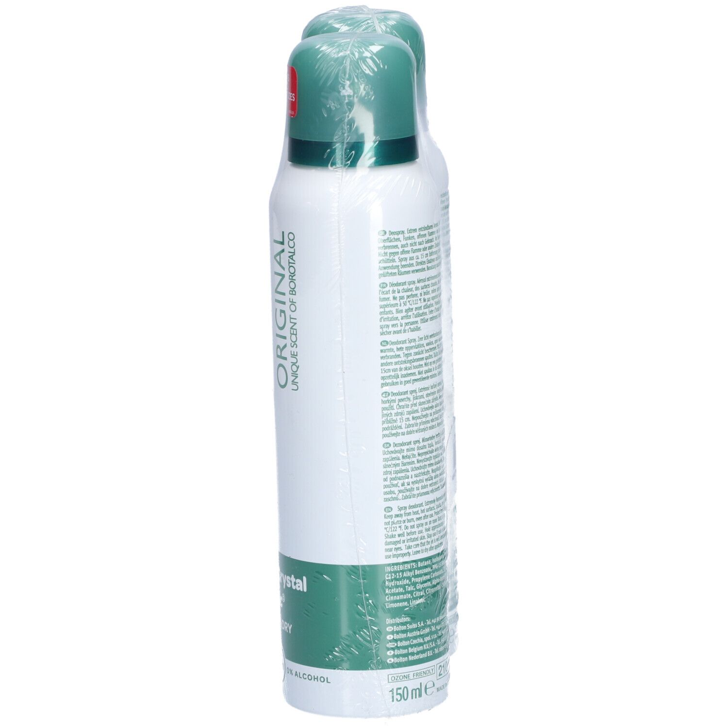 Ein Deospray in Folie verpackt. BOROTALCO ORIGINAL, Active Crystal Talc, Extra Dry. 150 ml. Grüne Kappe.