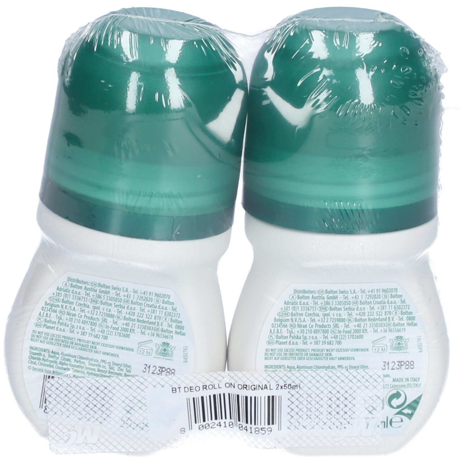 Zwei Roll-ons in Folie verpackt. Rückseite mit Text und Barcode. Aufschrift: BT DEO ROLL ON ORIGINAL 2x50ml.