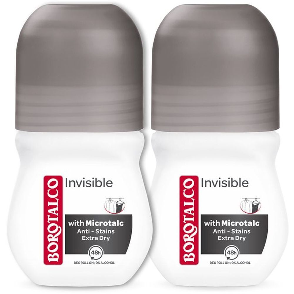 Deux déodorants roll-on BOROTALCO blancs avec bouchons gris. Inscription : Invisible, avec Microtalc, Anti-taches, Extra Dry.