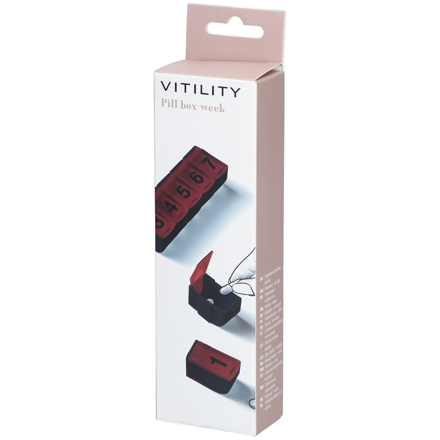 Verpackung der VITILITY Pillenbox für eine Woche. Rote und schwarze Pillenbox mit Zahlen 1-7. Illustrationen der Box.
