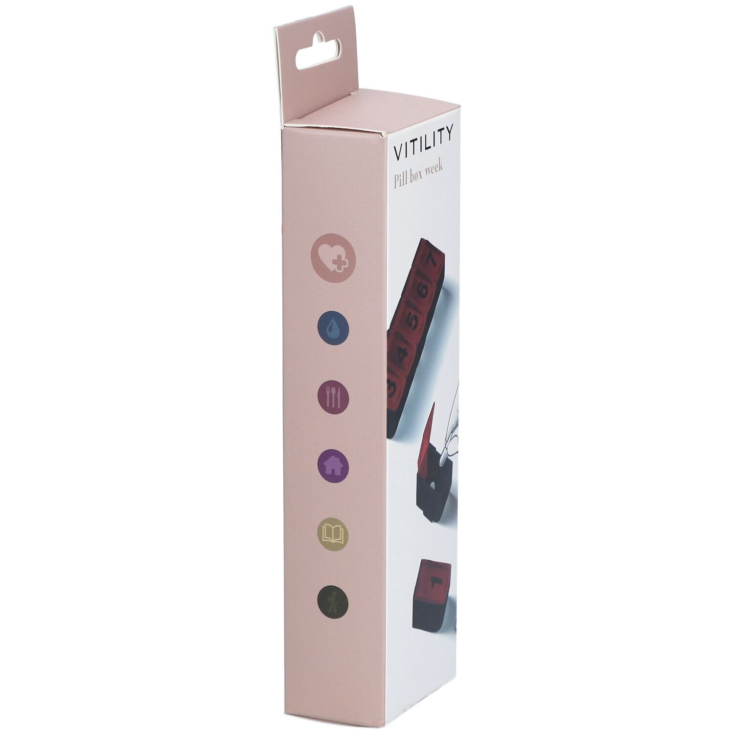 Seite der VITILITY Pillenbox-Verpackung. Icons und Illustrationen. Produktname und Marke VITILITY.