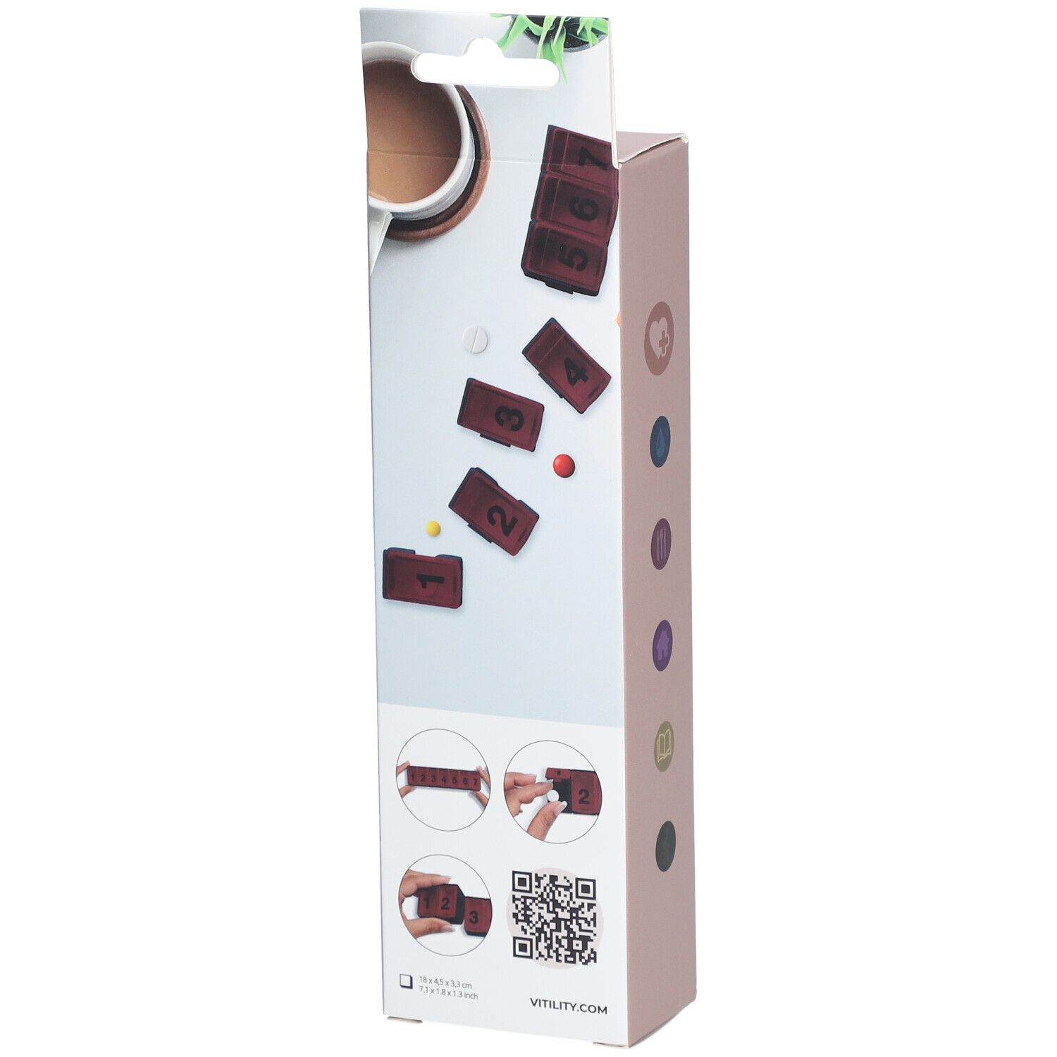 Rückseite der VITILITY Pillenbox-Verpackung. Einzelne Pillenboxen, QR-Code und Illustrationen.