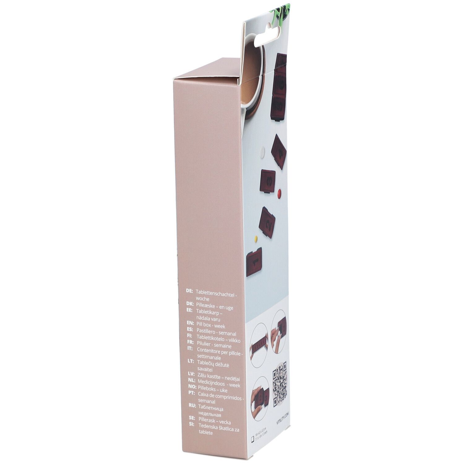 Seite der VITILITY Pillenbox-Verpackung. Mehrsprachige Produktinformationen und Illustrationen.