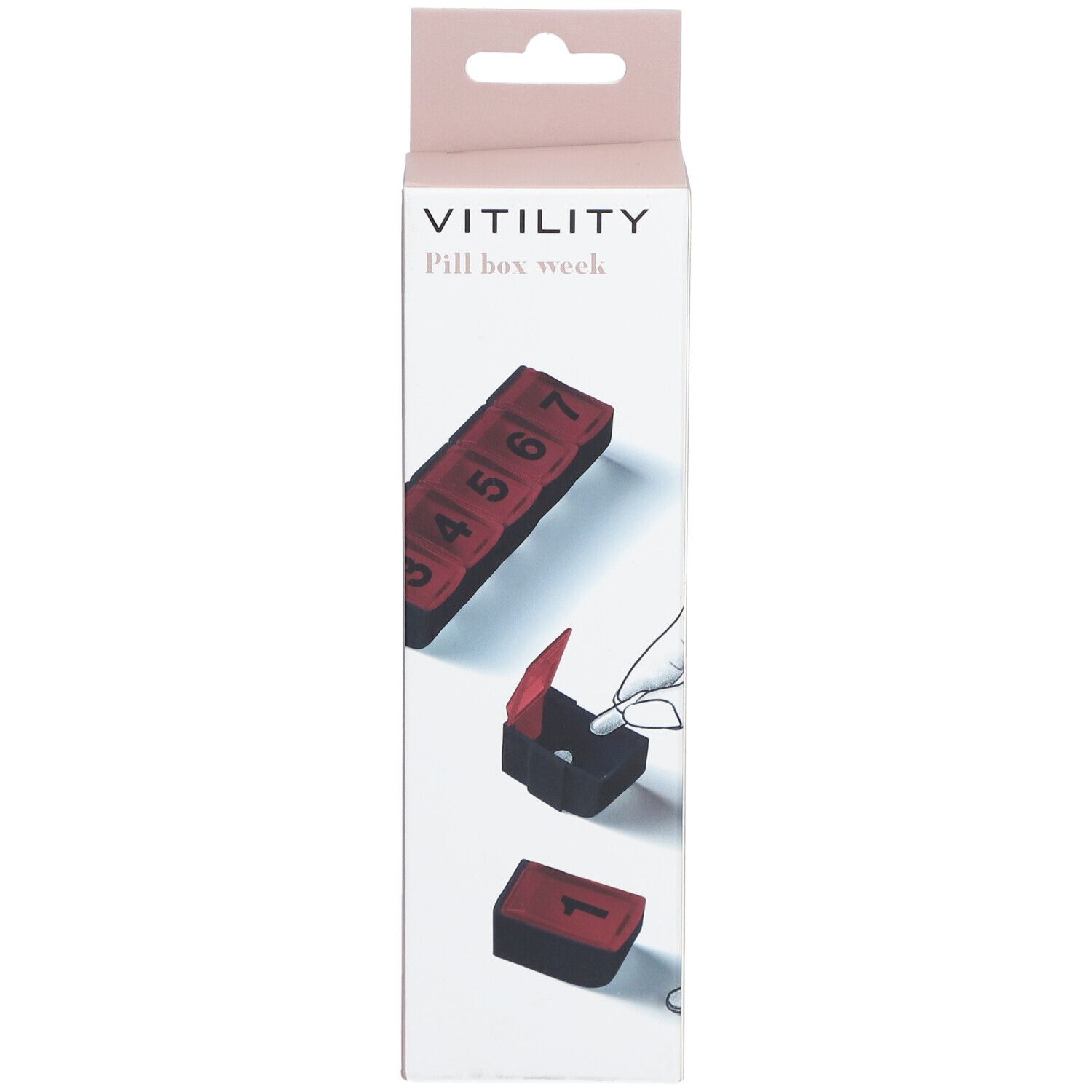 VITILITY Pillenbox-Verpackung. Rote und schwarze Pillenbox mit Zahlen 1-7. Illustrationen der Box.