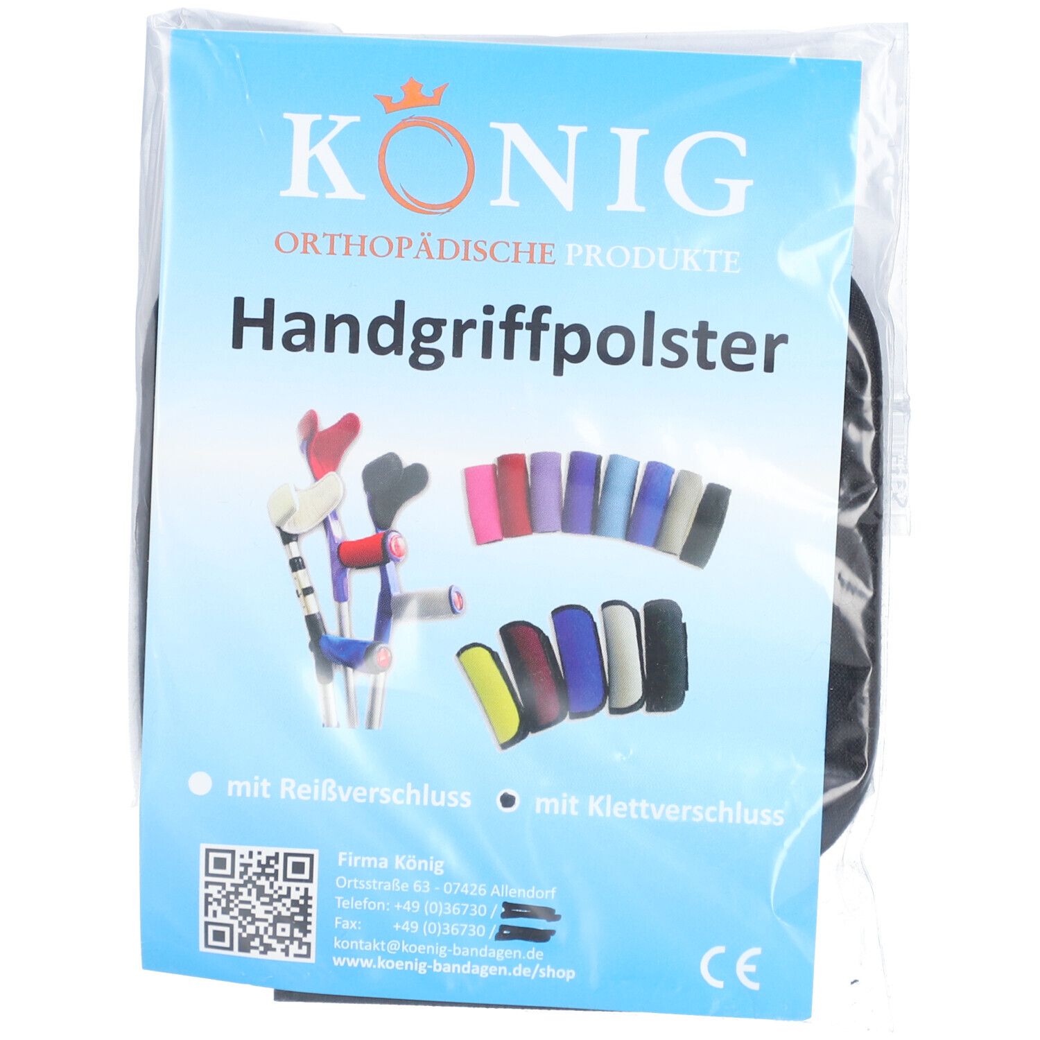 Verpackung mit Handgriffpolster. Mehrere farbige Polster abgebildet. Marke KÖNIG. Mit Reißverschluss und Klettverschluss.
