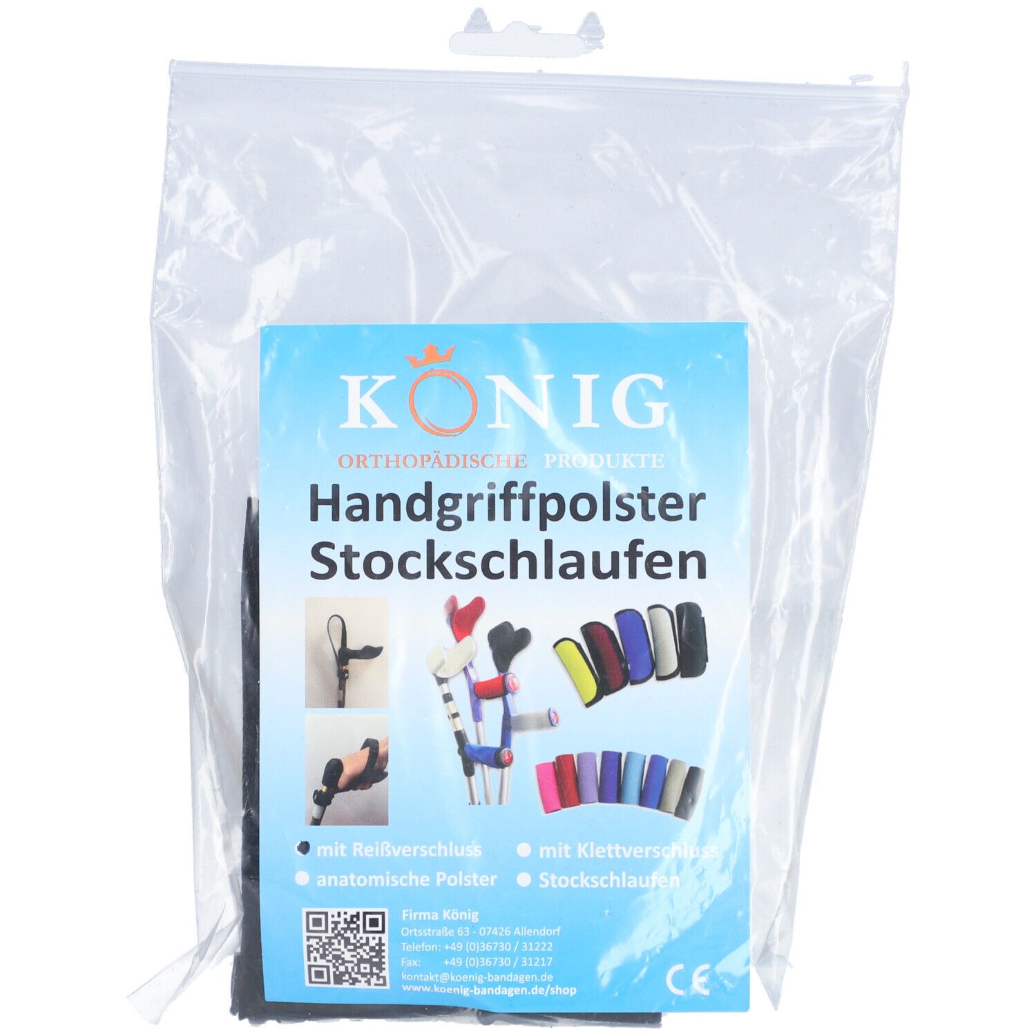 Produktverpackung mit blauem Etikett. Aufschrift: KÖNIG, Handgriffpolster, Stockschlaufen. Abbildungen von Produkten und Farben.