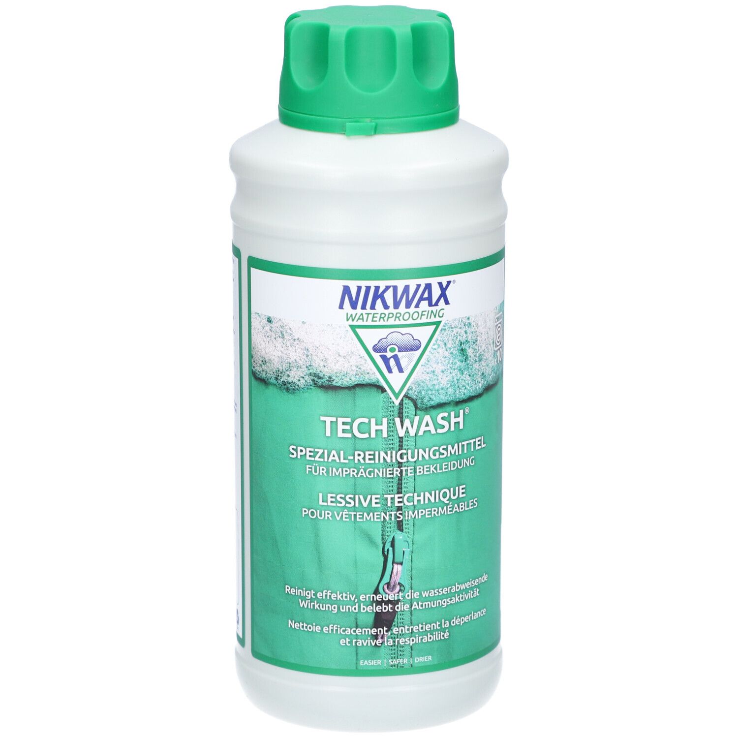 Nikwax Tech Wash Spezial-Reinigungsmittel für imprägnierte Bekleidung in weißer Flasche mit grünem Deckel.