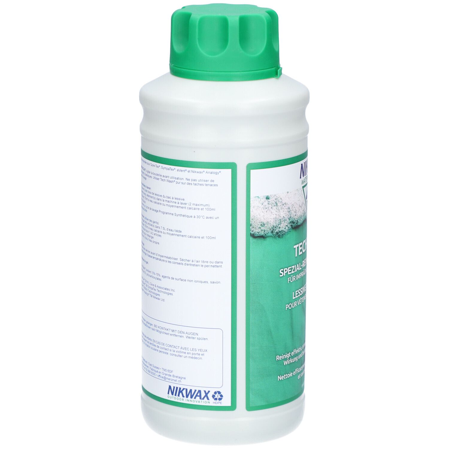 Weiße Flasche mit grünem Deckel, Nikwax Techwash Spezialreiniger für Funktionsbekleidung.