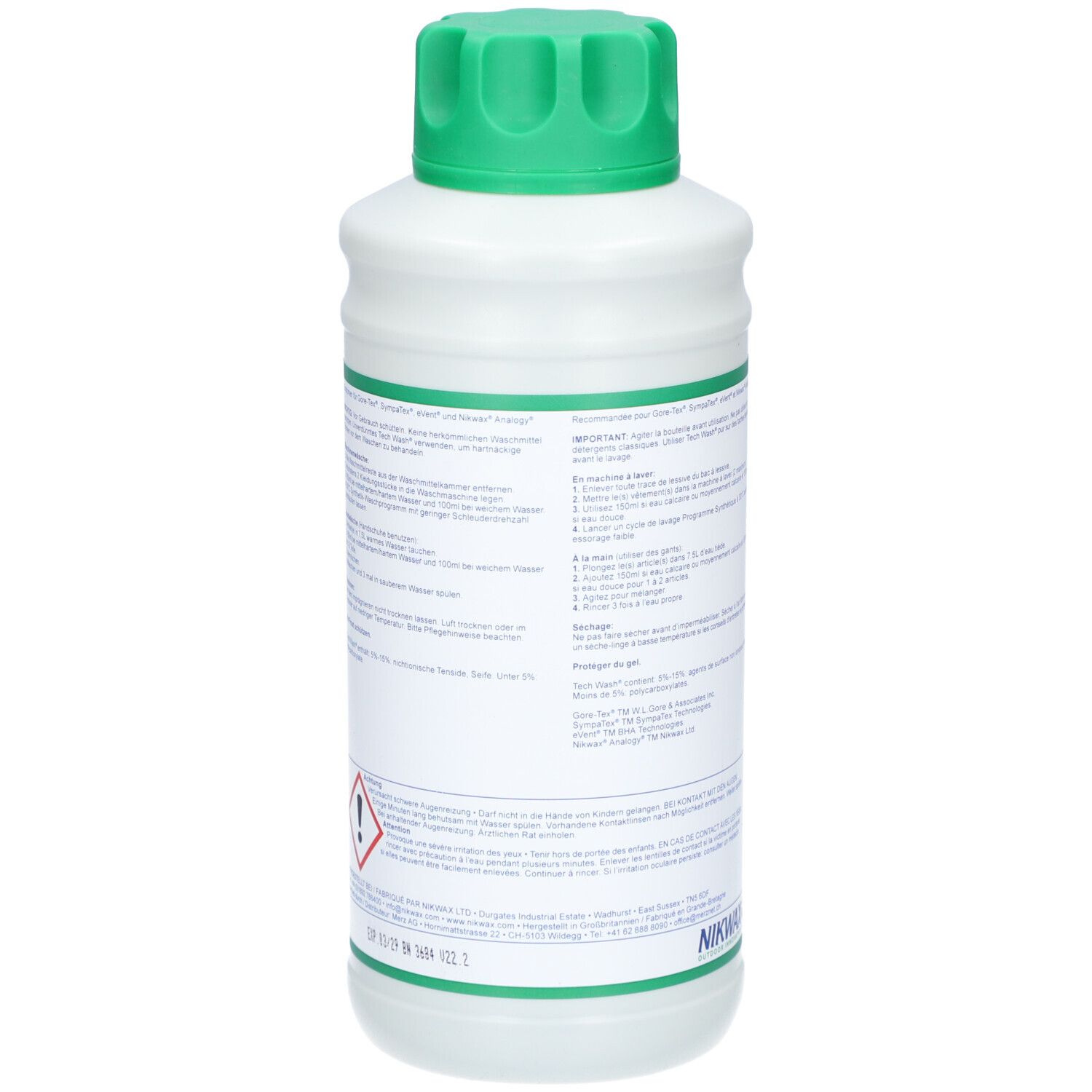 Weiße Kunststoffflasche mit grünem Schraubverschluss und Etikett mit Warnsymbolen und Text.