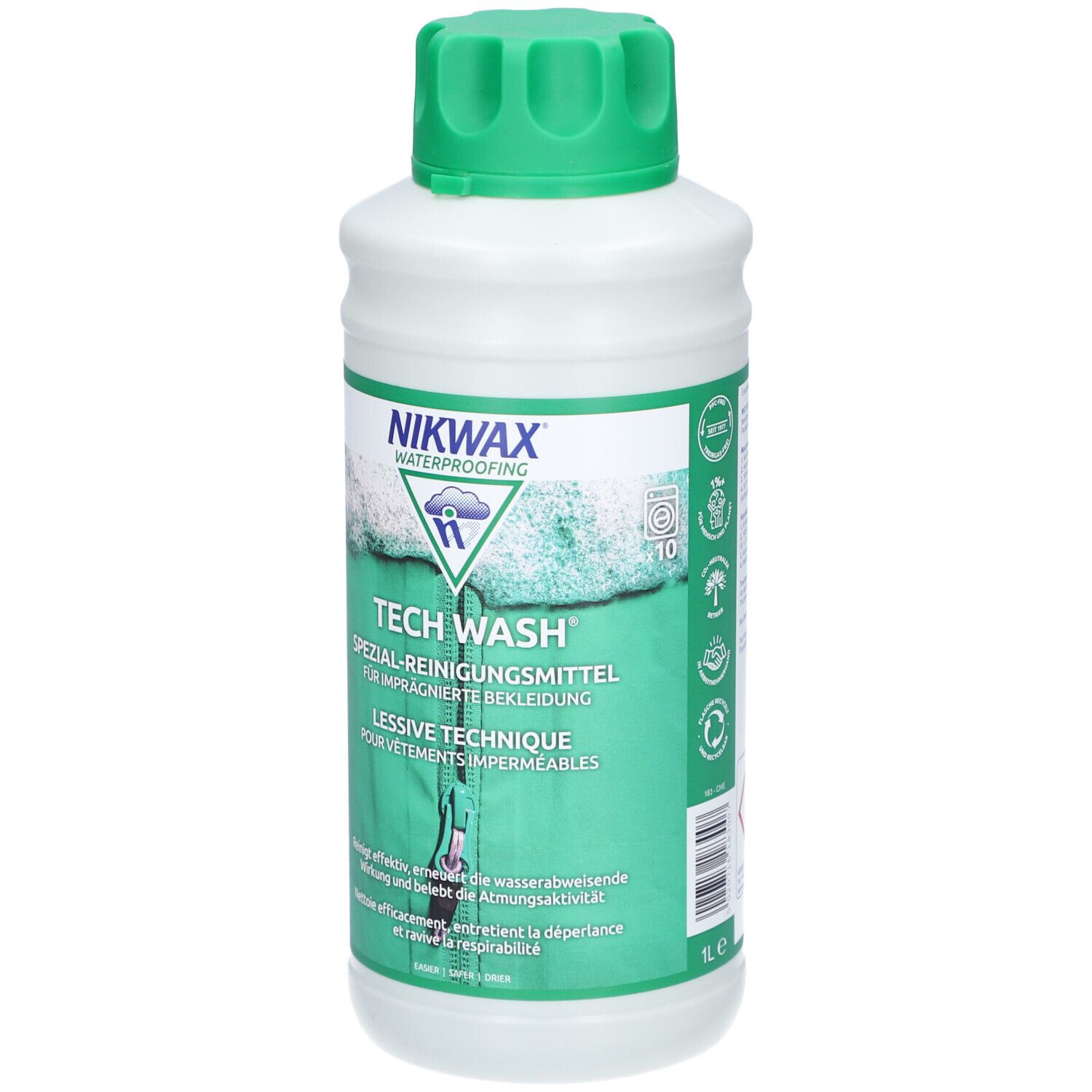 Nikwax Tech Wash Spezial-Reinigungsflüssigkeit in einer weißen Flasche mit grünem Deckel. 1L.