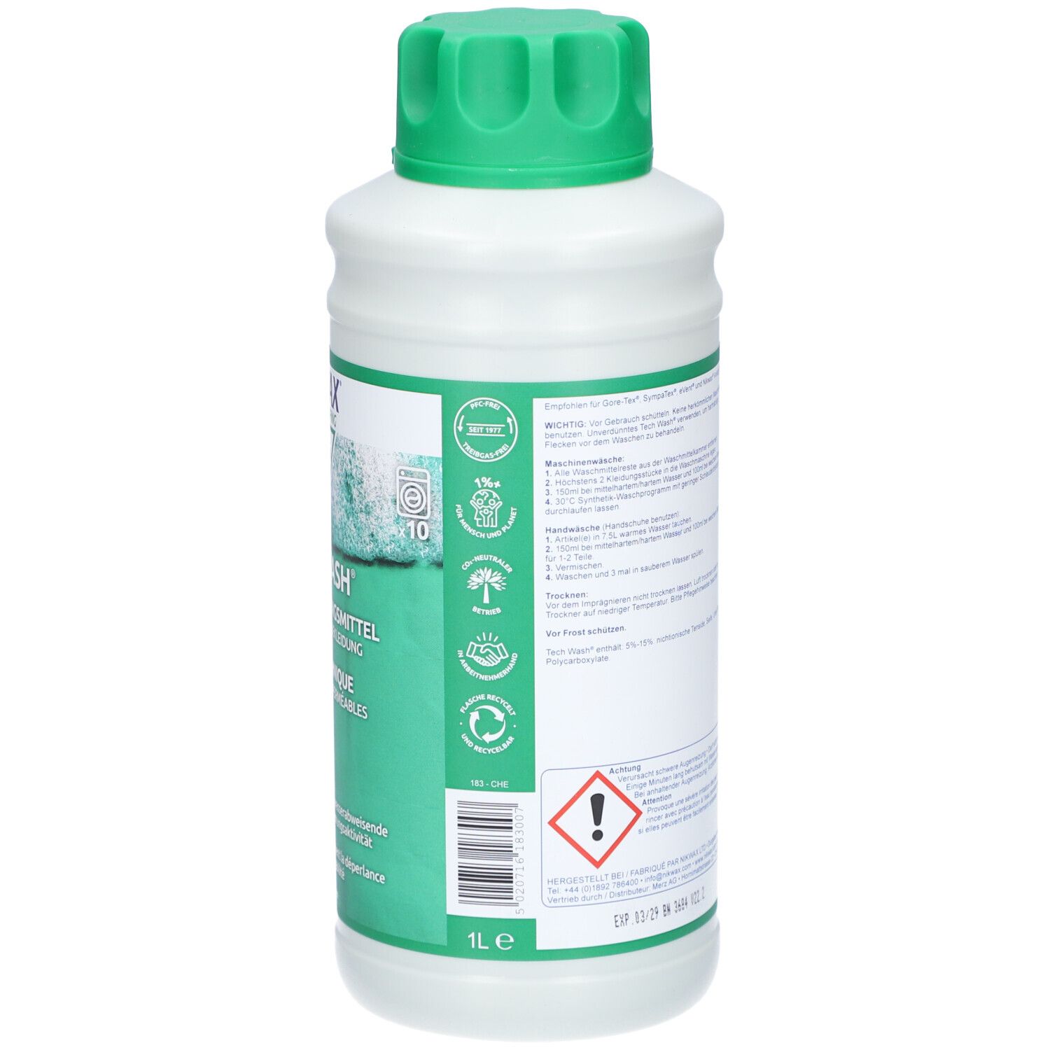 Weiße Kunststoffflasche mit grünem Schraubverschluss, 1L, mit Etikett und Warnsymbolen.