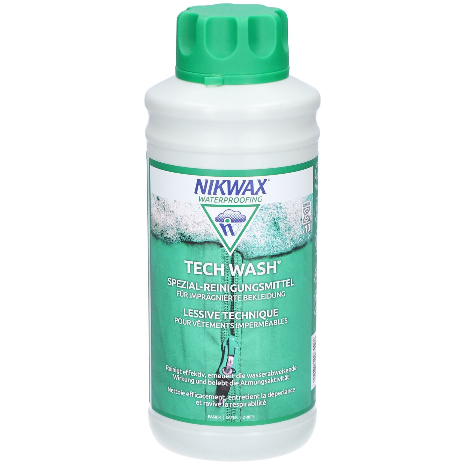 Nikwax Tech Wash Spezial-Reinigungs- und Imprägniermittel für Funktionsbekleidung in weißer Flasche mit grünem Deckel.