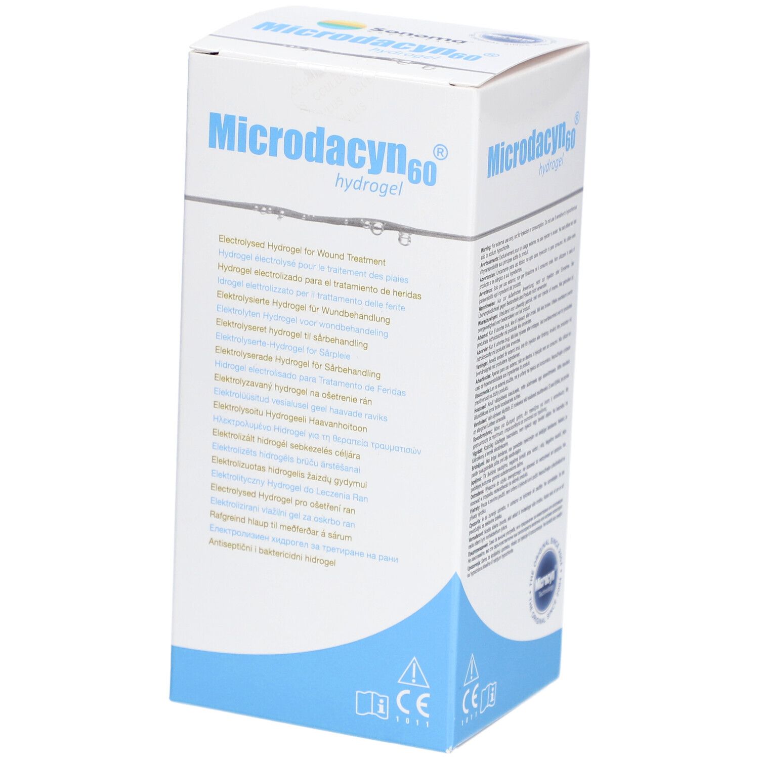 Karton von Microdacyn60 Hydrogel. Weiß mit blauem Design. Produktname und Text in mehreren Sprachen.