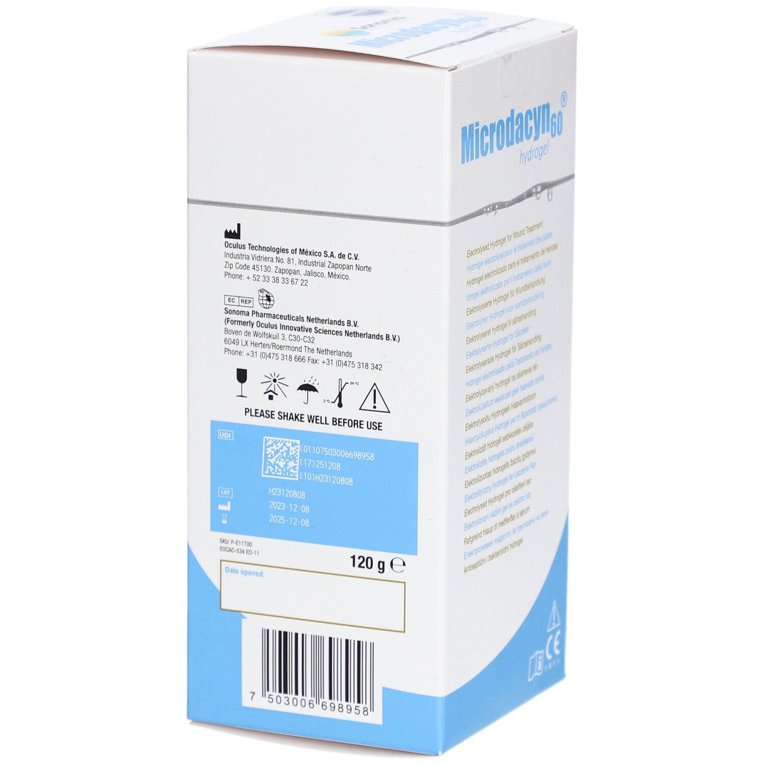 Rückseite der Microdacyn60 Hydrogel-Verpackung. Enthält Informationen wie Hersteller, Chargennummer und Gewicht.