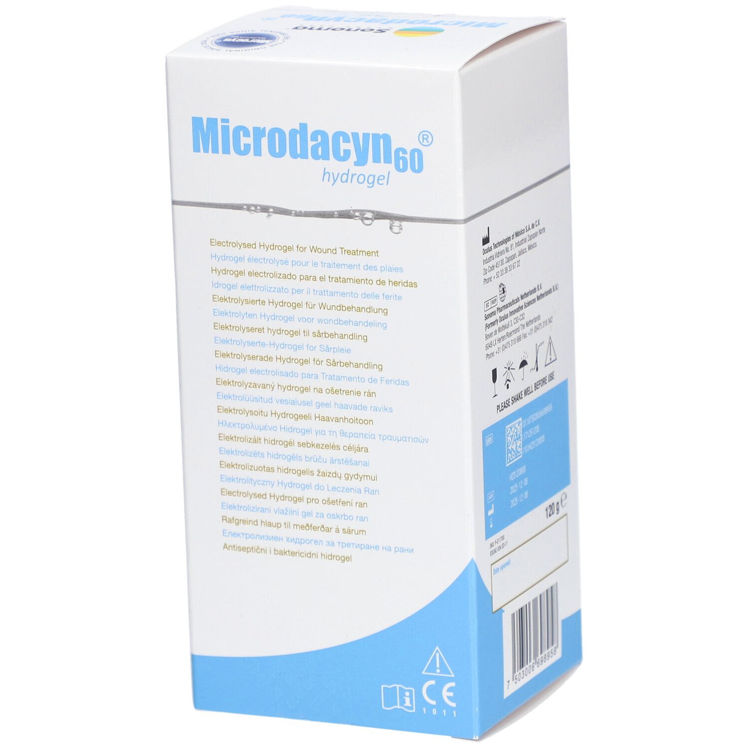 Microdacyn60 Hydrogel-Verpackung. Weiß mit blauem Design. Produktname und Text in mehreren Sprachen.