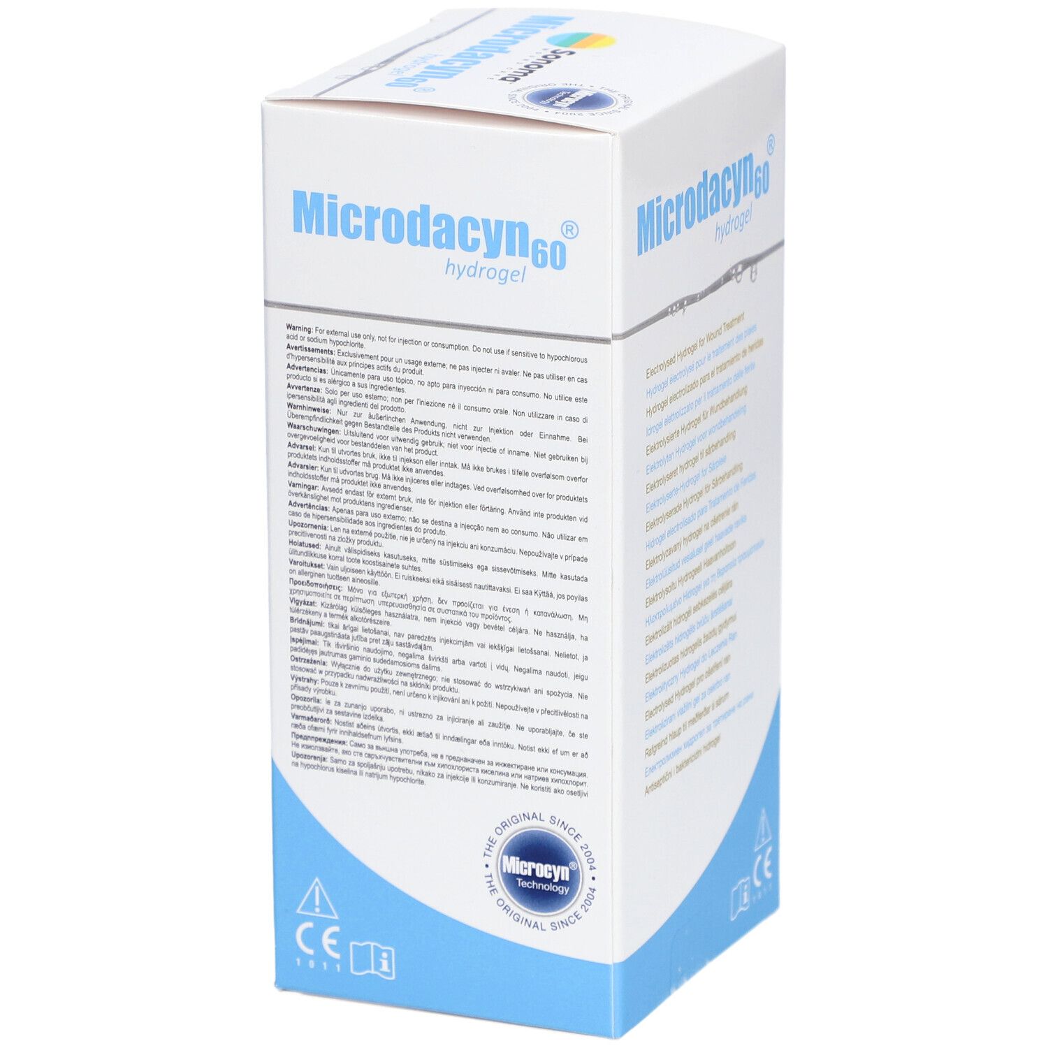 Microdacyn60 Hydrogel-Verpackung. Weiß mit blauem Design. Produktname und Text in mehreren Sprachen. Logo.