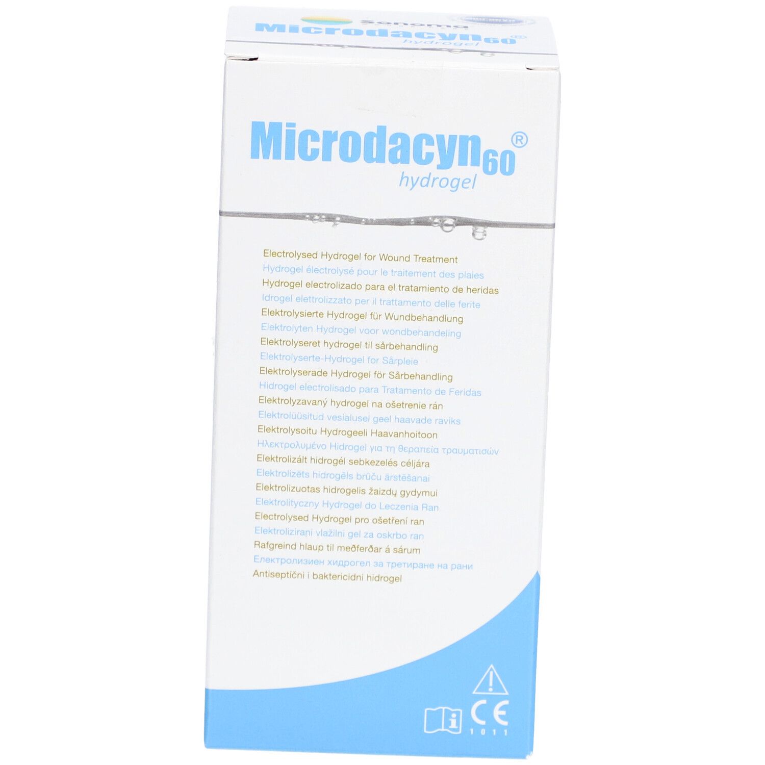 Microdacyn60 Hydrogel-Verpackung. Weiß mit blauem Design. Produktname und Text in mehreren Sprachen.