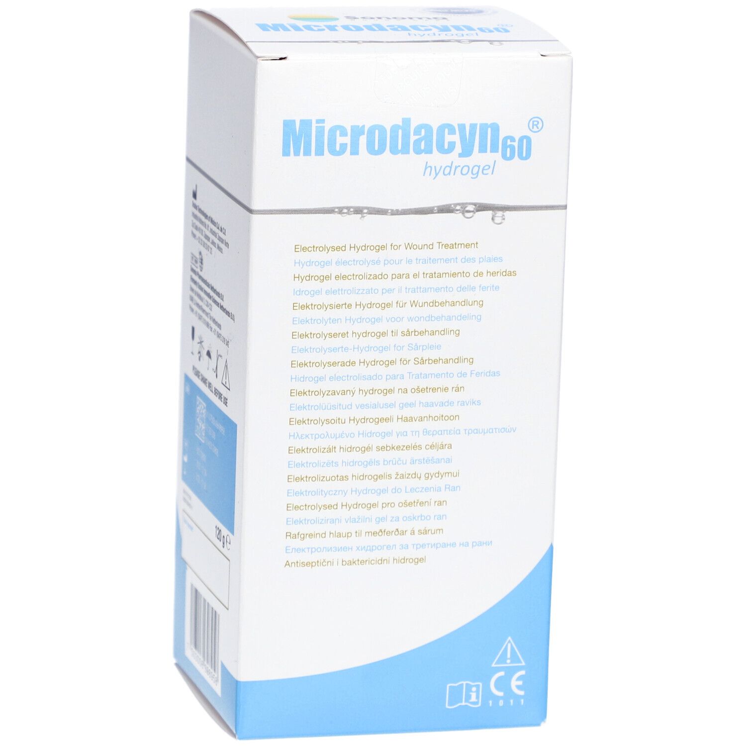 Microdacyn60 Hydrogel-Verpackung. Weiß mit blauem Design. Produktname und Text in mehreren Sprachen.