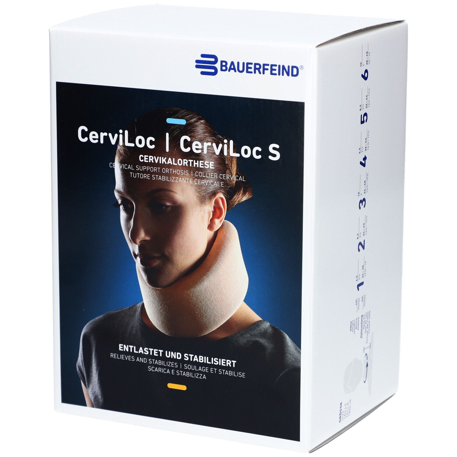 Verpackung der Cerviloc Orthèse De Soutien Beige. Marke Bauerfeind. Produktabbildung und Text: Entlastet und stabilisiert.