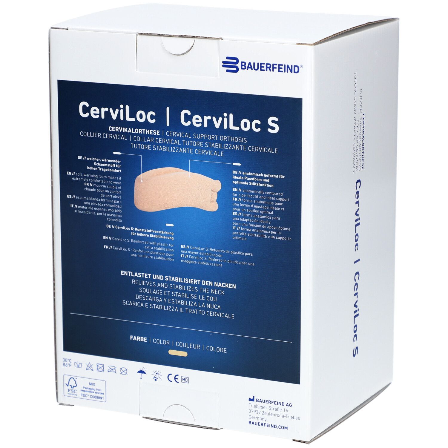 Verpackung Cerviloc Orthèse De Soutien Beige. Marke Bauerfeind. Produktabbildung und Text. Farbe: Color | Couleur | Colore.