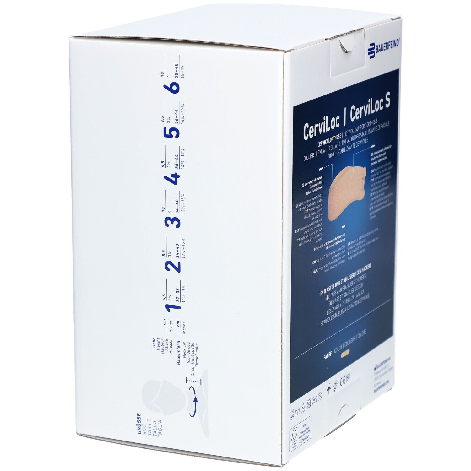 Verpackung Cerviloc Orthèse De Soutien Beige. Marke Bauerfeind. Größenangaben und Produktabbildung. Text: Cerviloc | Cerviloc S.