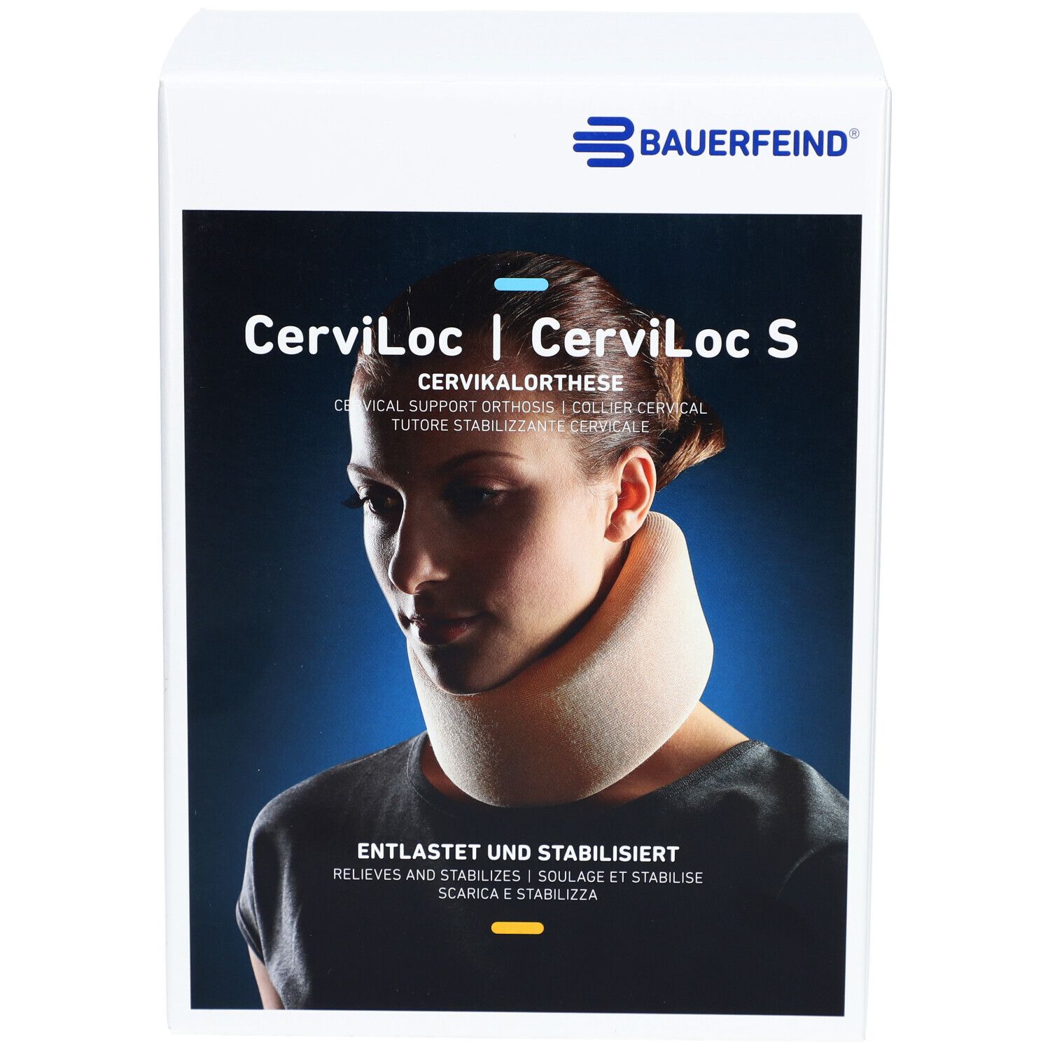 Verpackung Cerviloc Orthèse De Soutien Beige. Marke Bauerfeind. Produktabbildung und Text: Entlastet und stabilisiert.