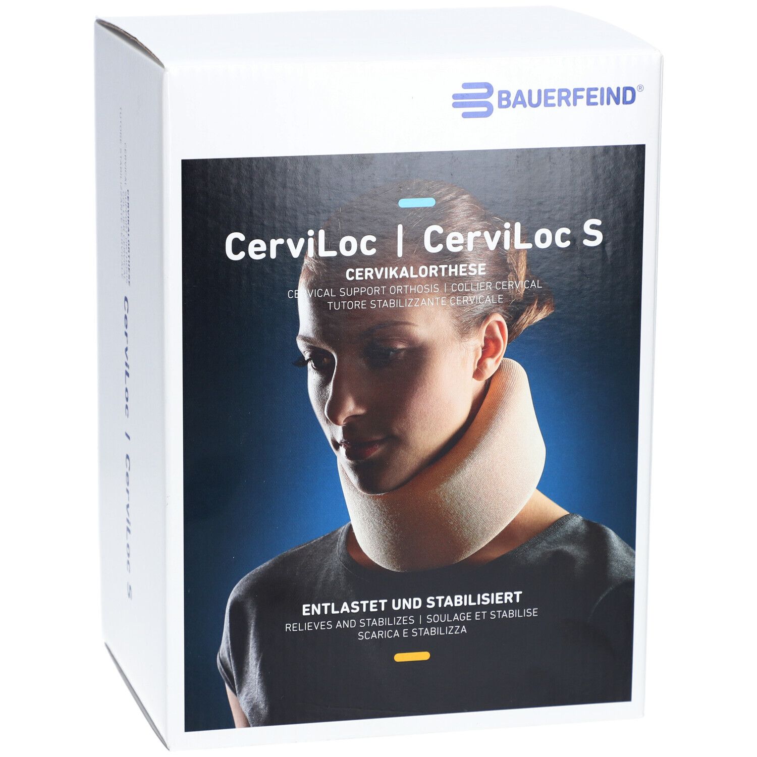 Verpackung Cerviloc Orthèse De Soutien Beige. Marke Bauerfeind. Produktabbildung und Text: Entlastet und stabilisiert.