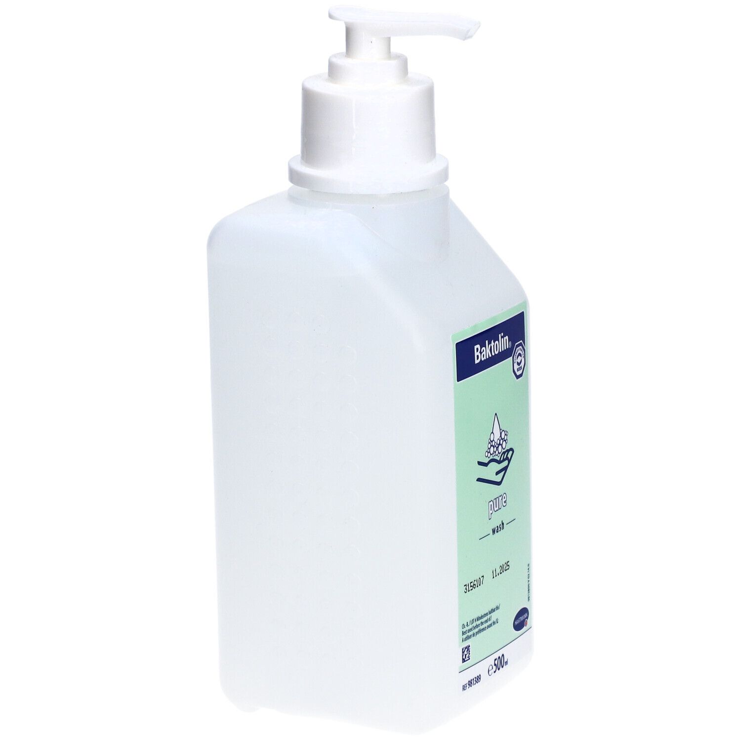 Weiße Flasche mit Pumpe. Aufkleber mit "Baktolin pure wash".  Zertifizierungslogo.  Inhalt: 500 ml.