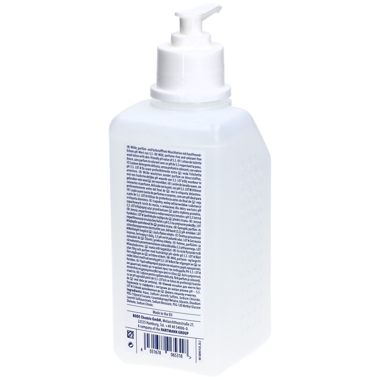 Rückseite einer weißen Flasche mit Pumpe. Text in mehreren Sprachen. Herstellerinformationen und Chargennummer.