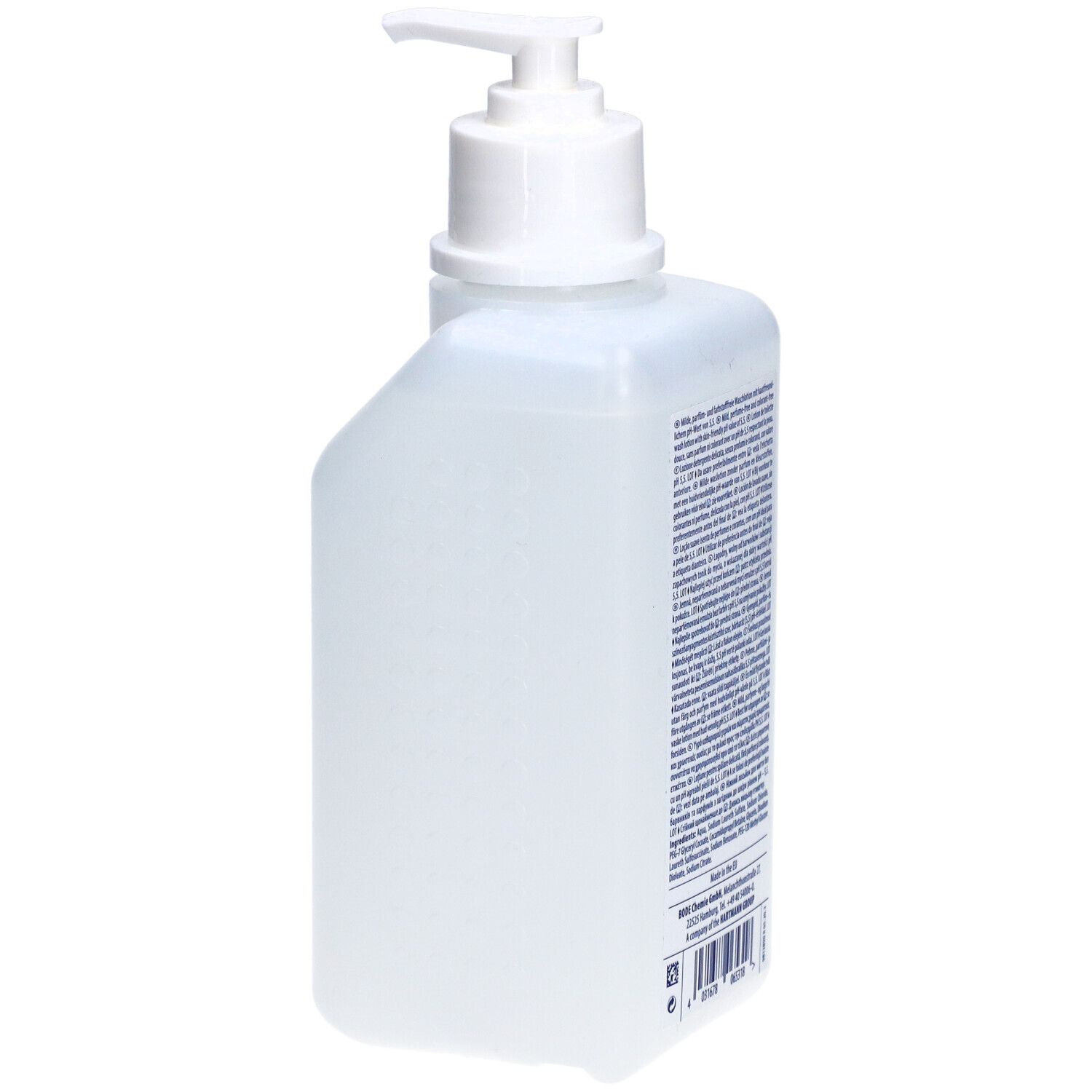Weiße Flasche mit Pumpe. Rückansicht. Text auf der Rückseite. Herstellerinformationen und Chargennummer.