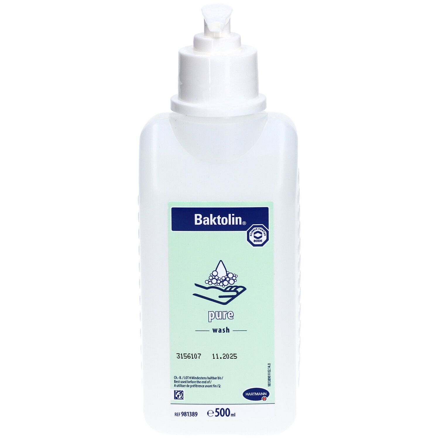Weiße Flasche mit Pumpe. Aufkleber mit "Baktolin pure wash".  Zertifizierungslogo.  Inhalt: 500 ml.