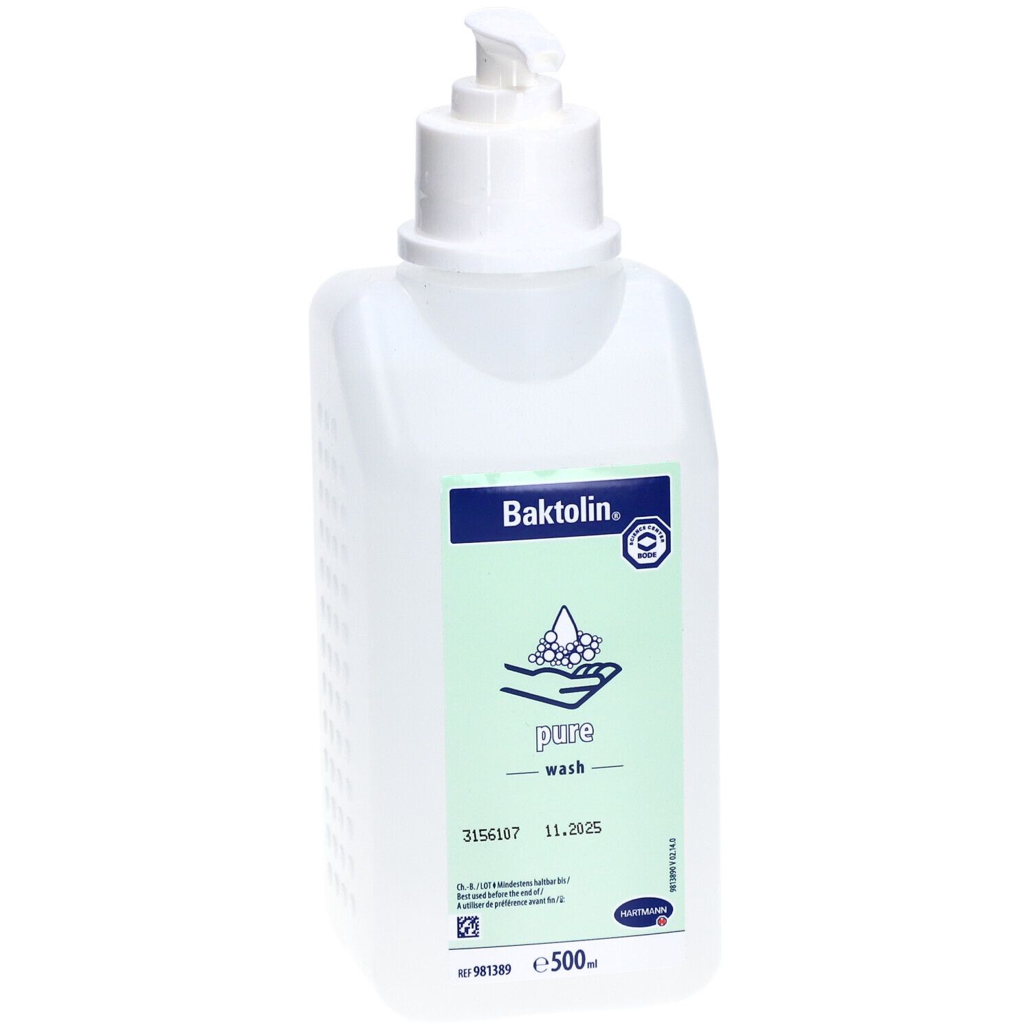 Weiße Flasche mit Pumpe. Aufkleber mit "Baktolin pure wash".  Zertifizierungslogo.  Inhalt: 500 ml.