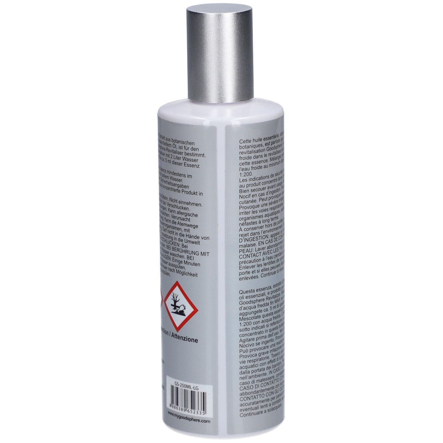 Rückseite der Flasche. Text in mehreren Sprachen. Gefahrensymbol. Silberner Verschluss.