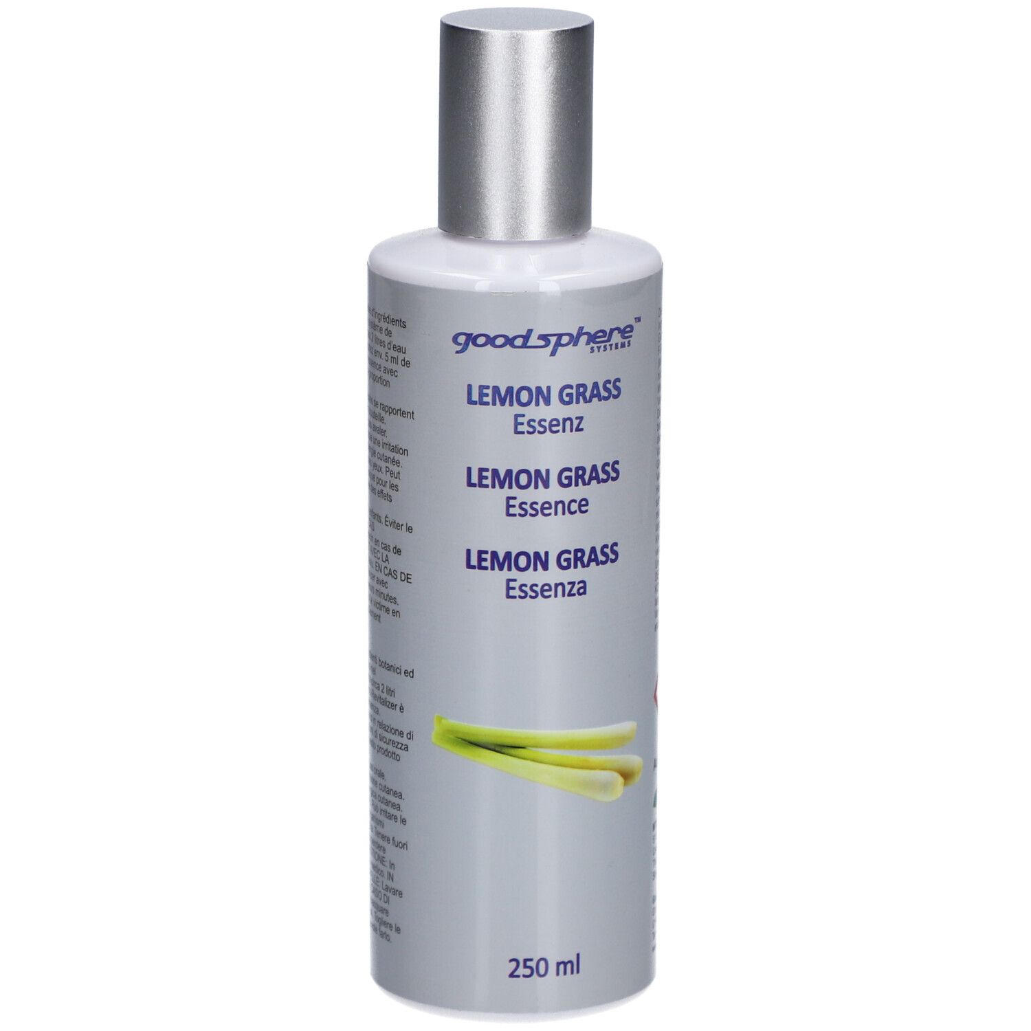 Flasche mit silbernem Verschluss. Beschriftung: Goodsphere Lemon Grass Essenz. Abbildung von Zitronengras. 250 ml.