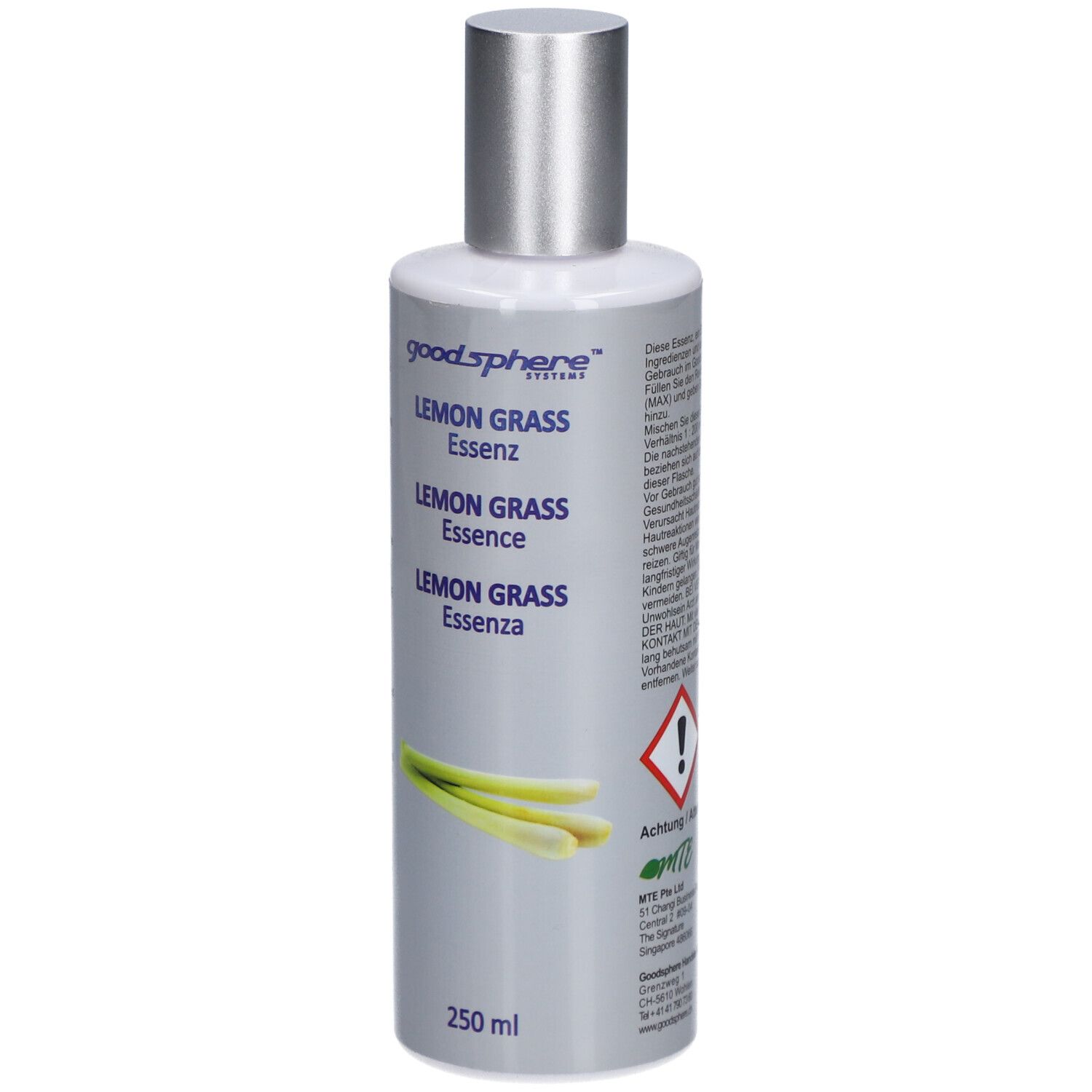 Flasche mit silbernem Verschluss. Beschriftung: Goodsphere Lemon Grass Essenz. Abbildung von Zitronengras. 250 ml. Gefahrensymbol.