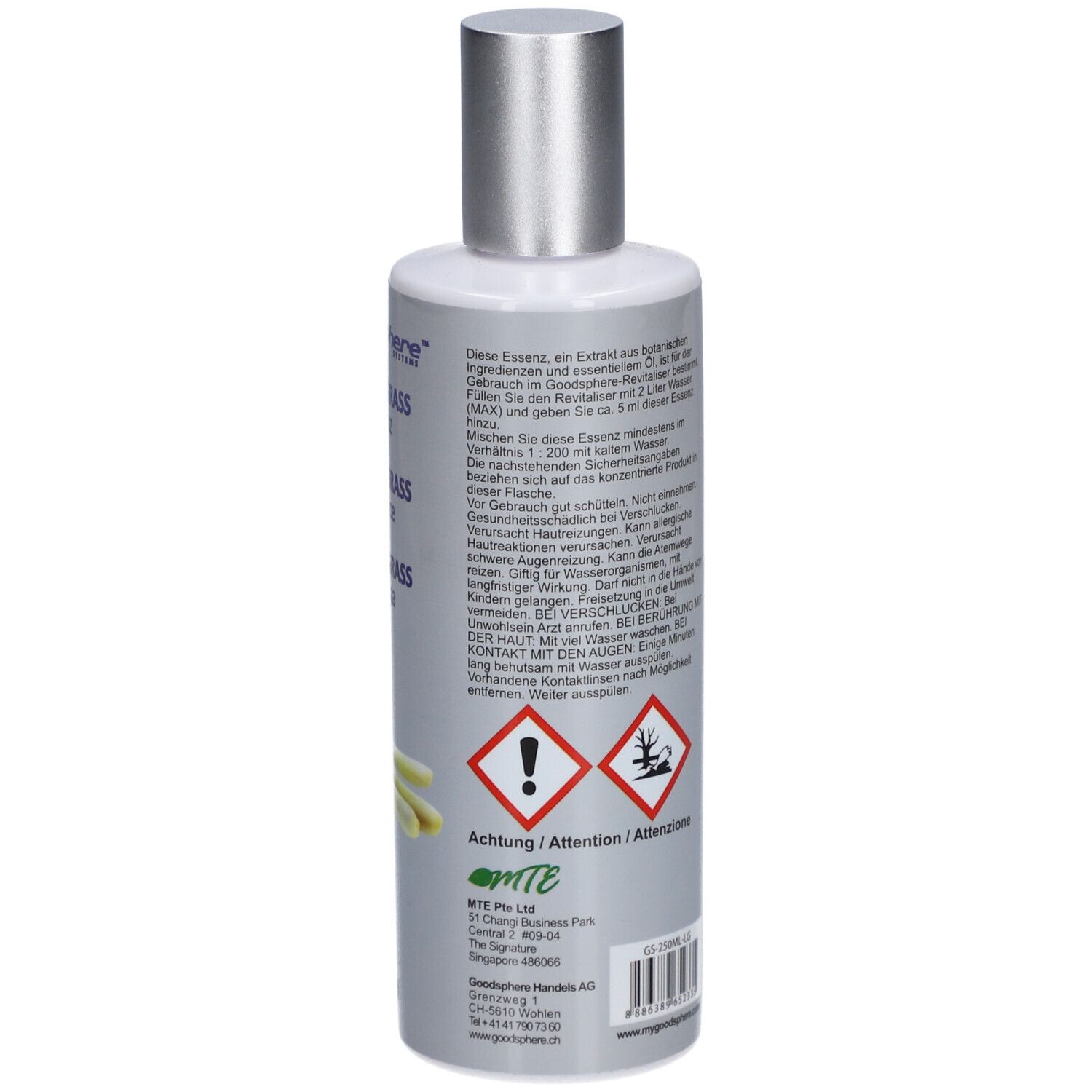 Rückseite der Flasche. Text in mehreren Sprachen. Gefahrensymbole. Silberner Verschluss.