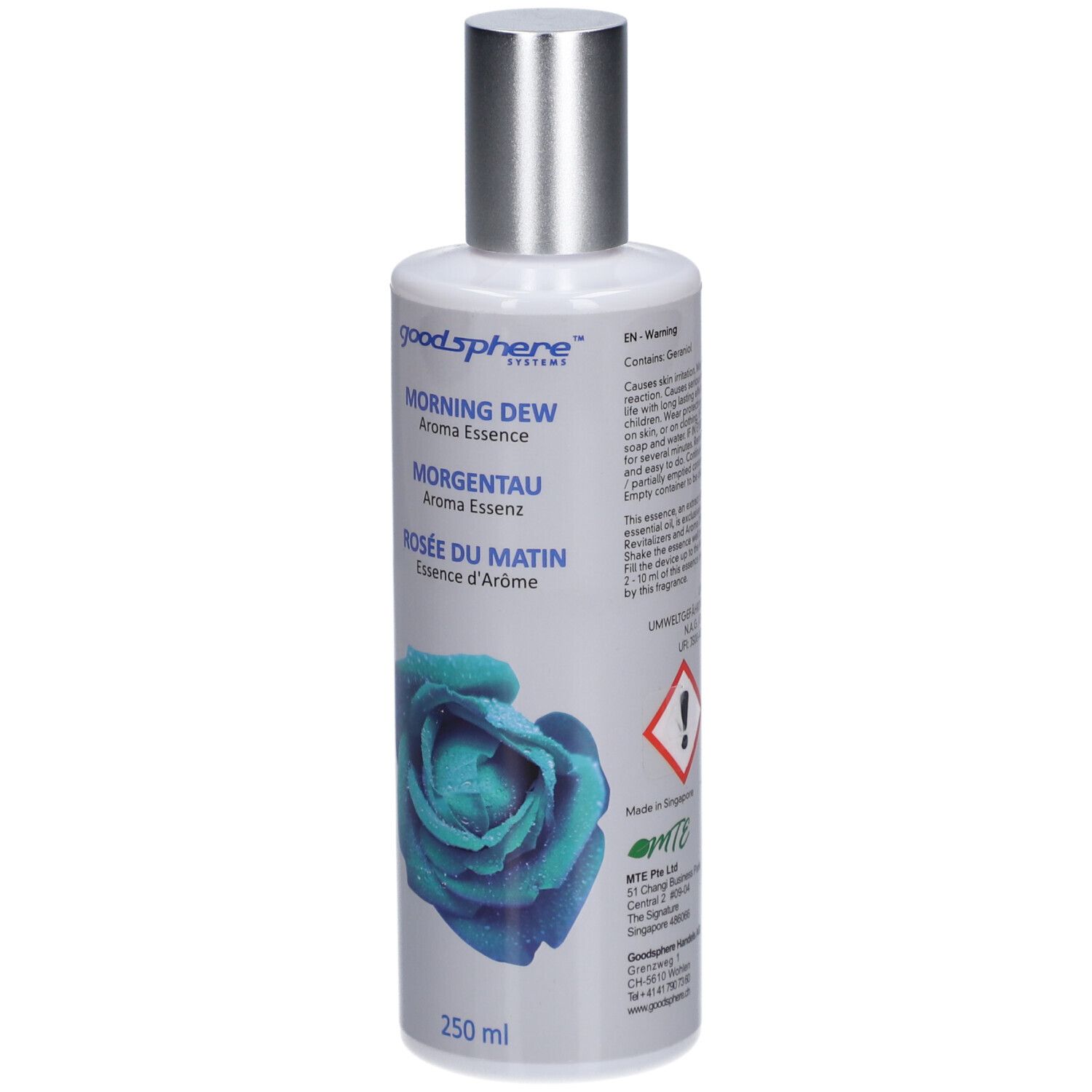 Flasche mit silbernem Deckel. Aufschrift: Morning Dew Aroma Essence, Morgentau Aroma Essenz, Rosée du Matin Essence d'Arôme. 250 ml. Gefahrensymbole.