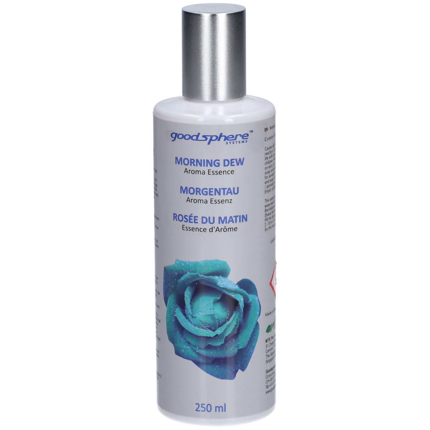 Flasche mit silbernem Deckel. Aufschrift: Morning Dew Aroma Essence, Morgentau Aroma Essenz, Rosée du Matin Essence d'Arôme. 250 ml.